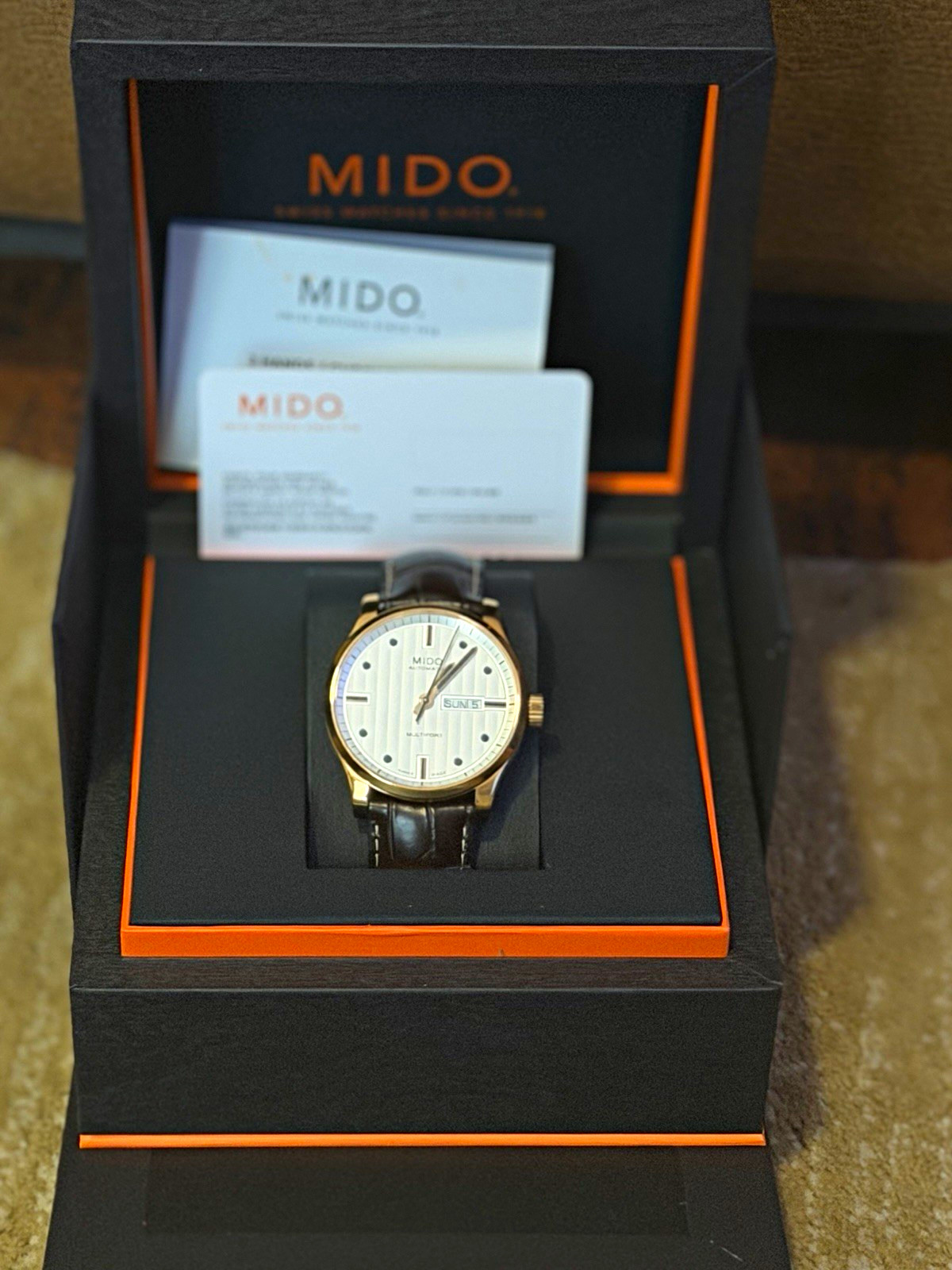 MIDO Multifort Automatic Day/Date 42mm Gold Steel Brown Leather Box Papers