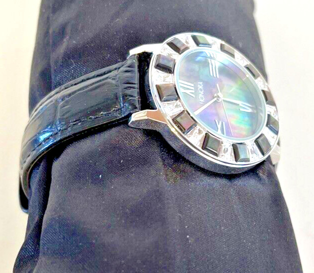 Honora Ladies Watch Mother of Pearl White Topaz Croc Embossed Leather Band NEW