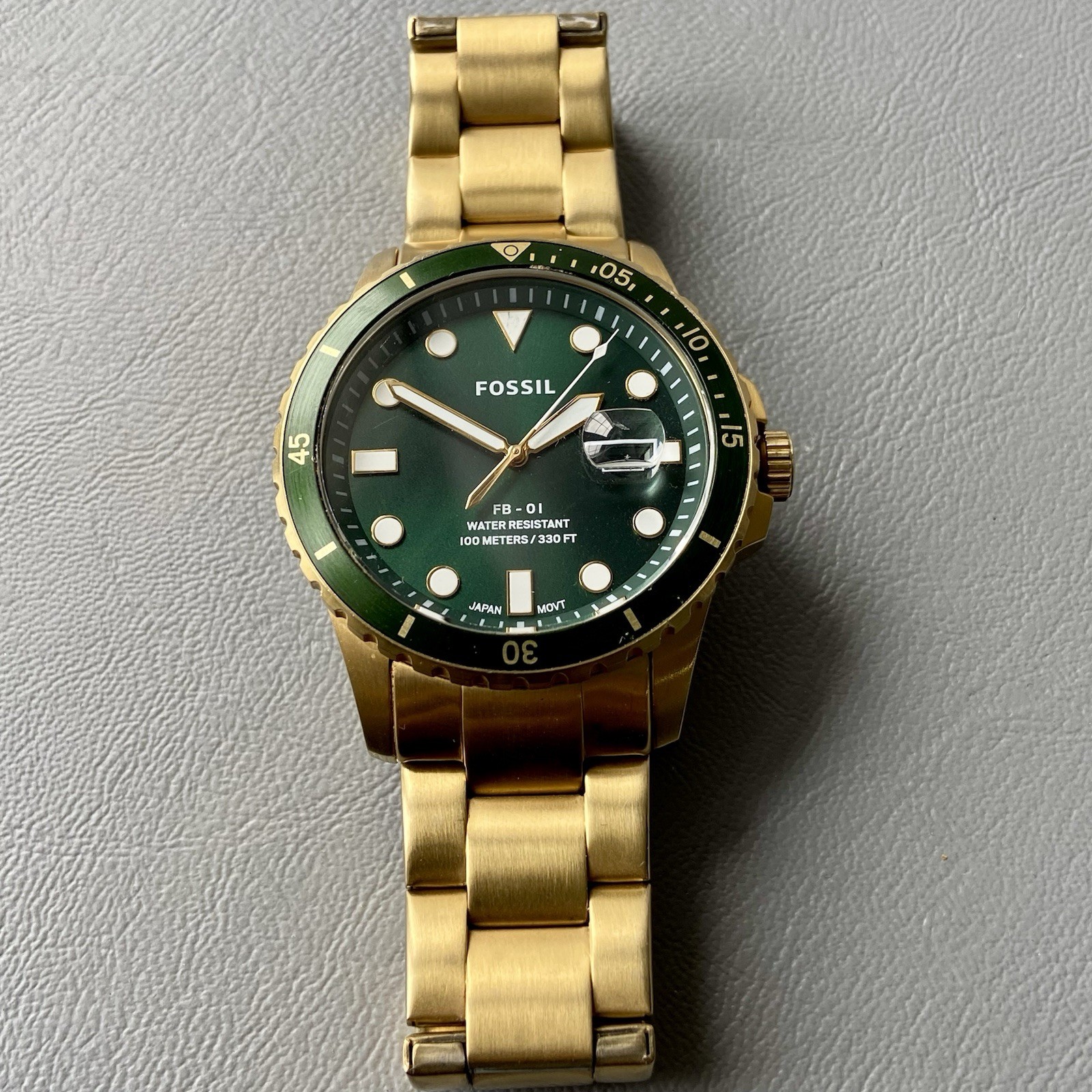 Mens Genuine Fossil Designer Watch Green Gold FB-01 Date FS5658 Serviced