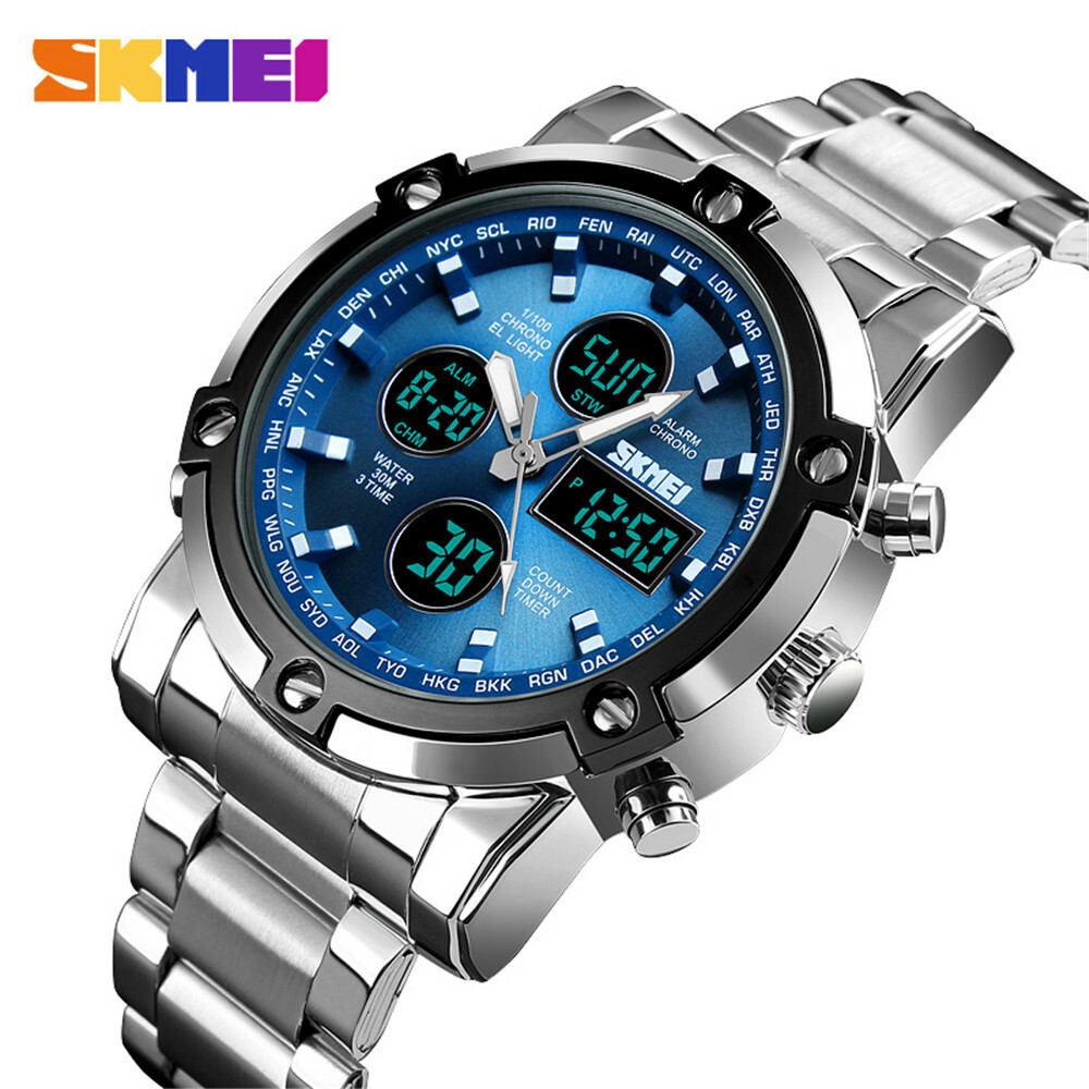 SKMEI Men Quartz Watch LED Digital Wristwatch Casual Male Steel Alarm Watches