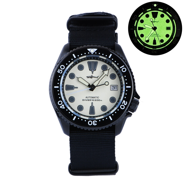 Heimdallr SKX007 Black PVD Creme Full Lume Day Date NH36A Automatic Diver Watch