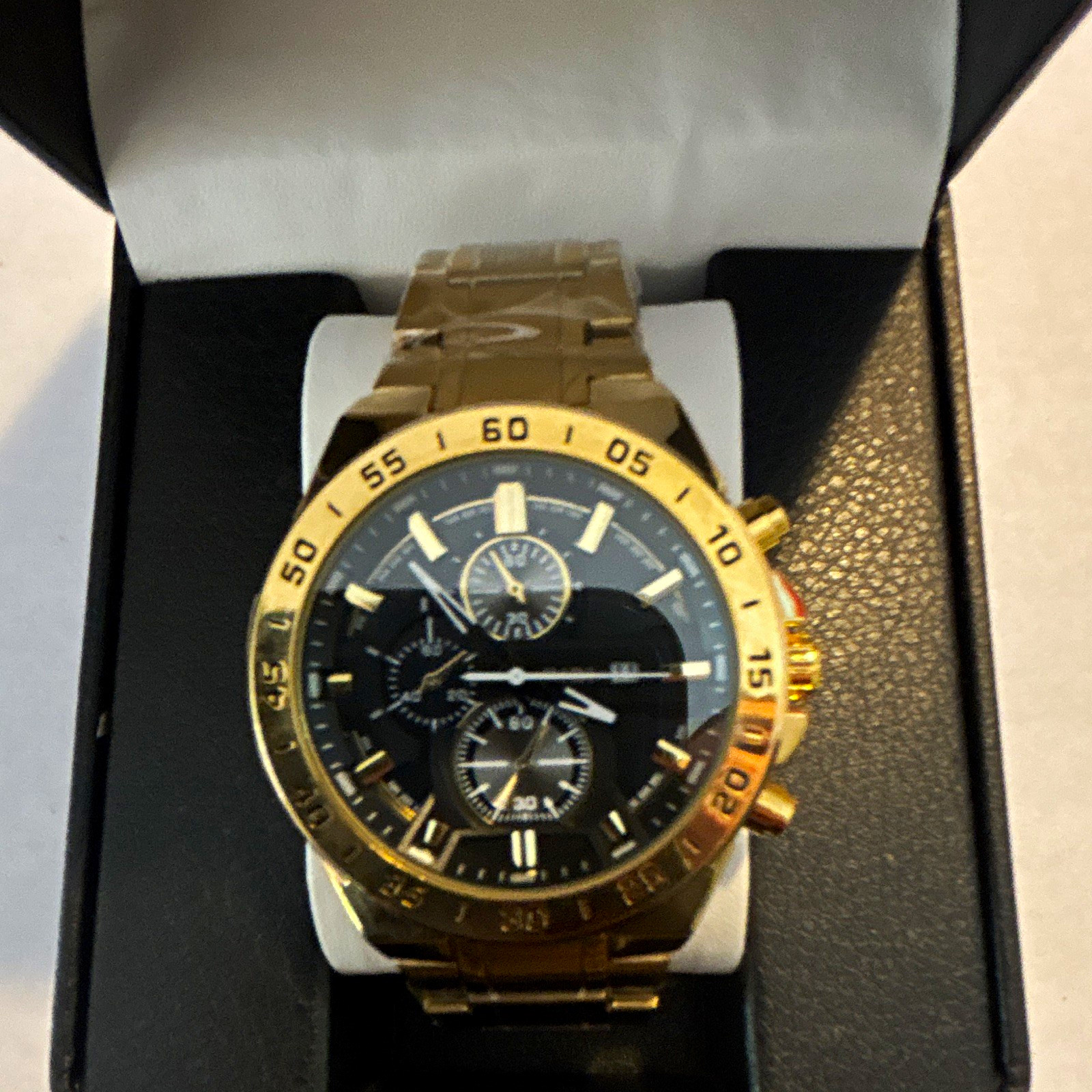 BiBi Gold Tone Chronograph Analog Sport Bracelet Wristwatch Black Dial