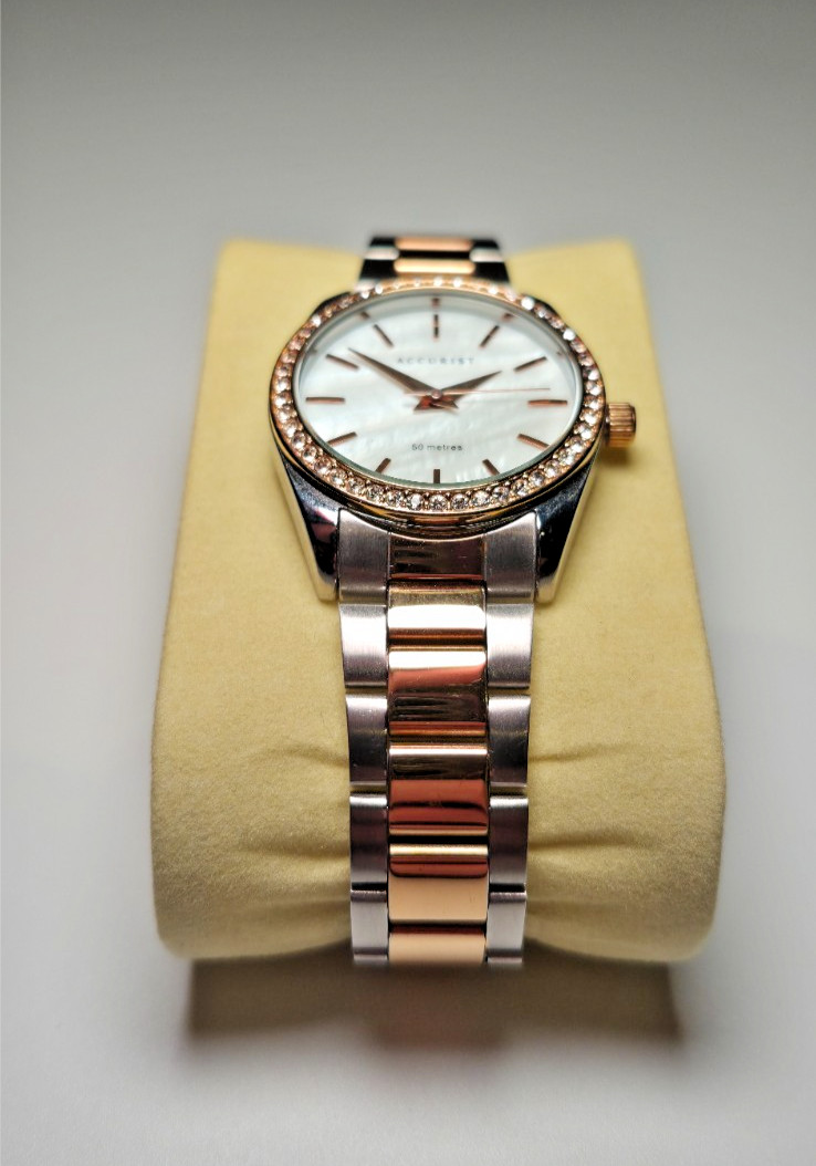 Accurist Two Tone & Crystal Bezel Shell Effect Dial Womans Quartz Wrist Watch