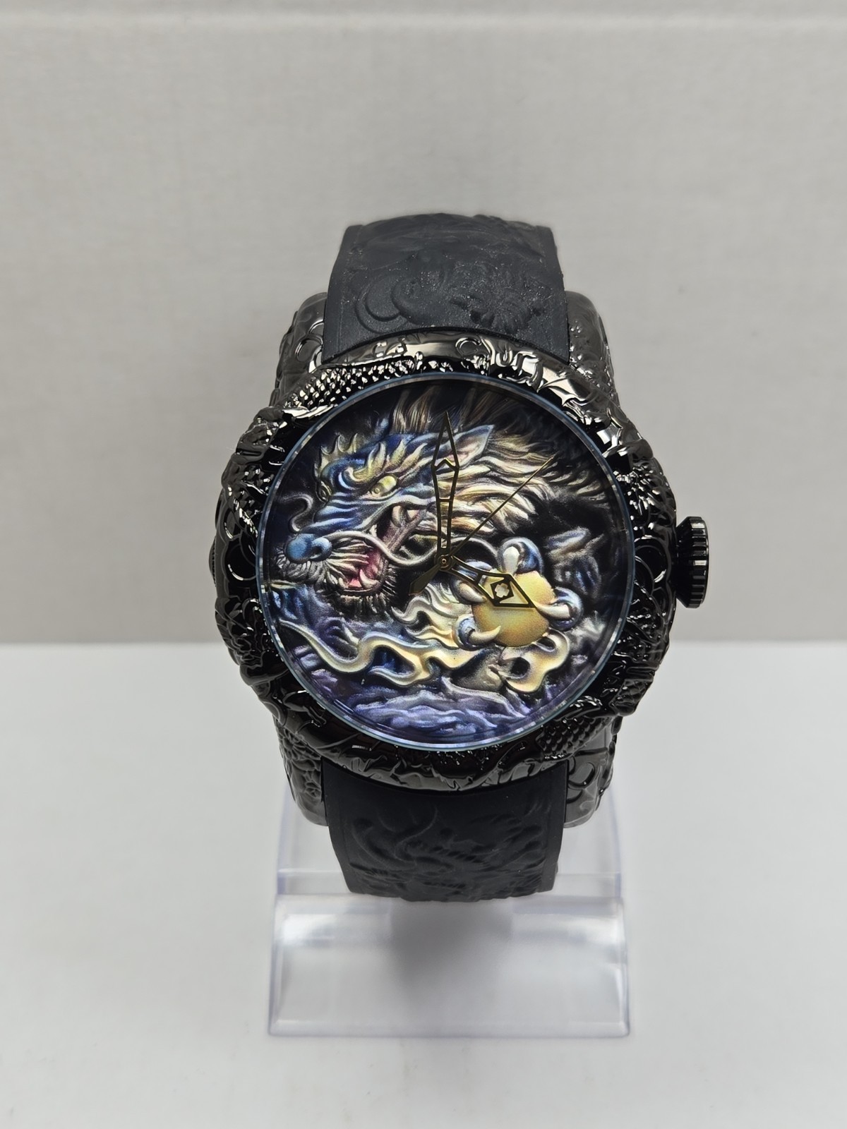 Biden Mens 3D Blue Dragon Sculpture Black Quartz Silicone Band Watch New Battery