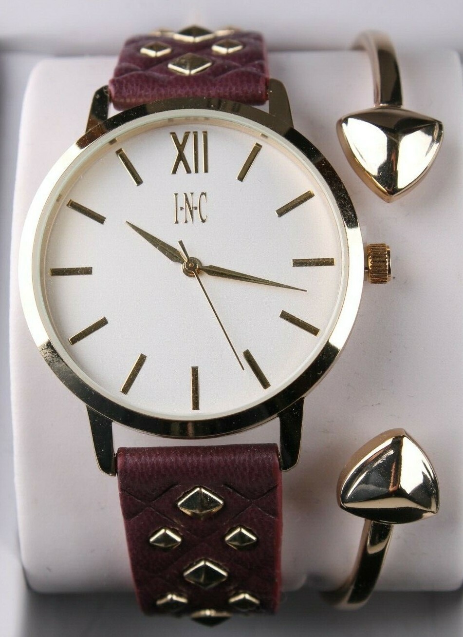 I.N.C. Women’s Gold Tone Embossed Faux Leather Strap Studs 38mm Watch + Bracelet