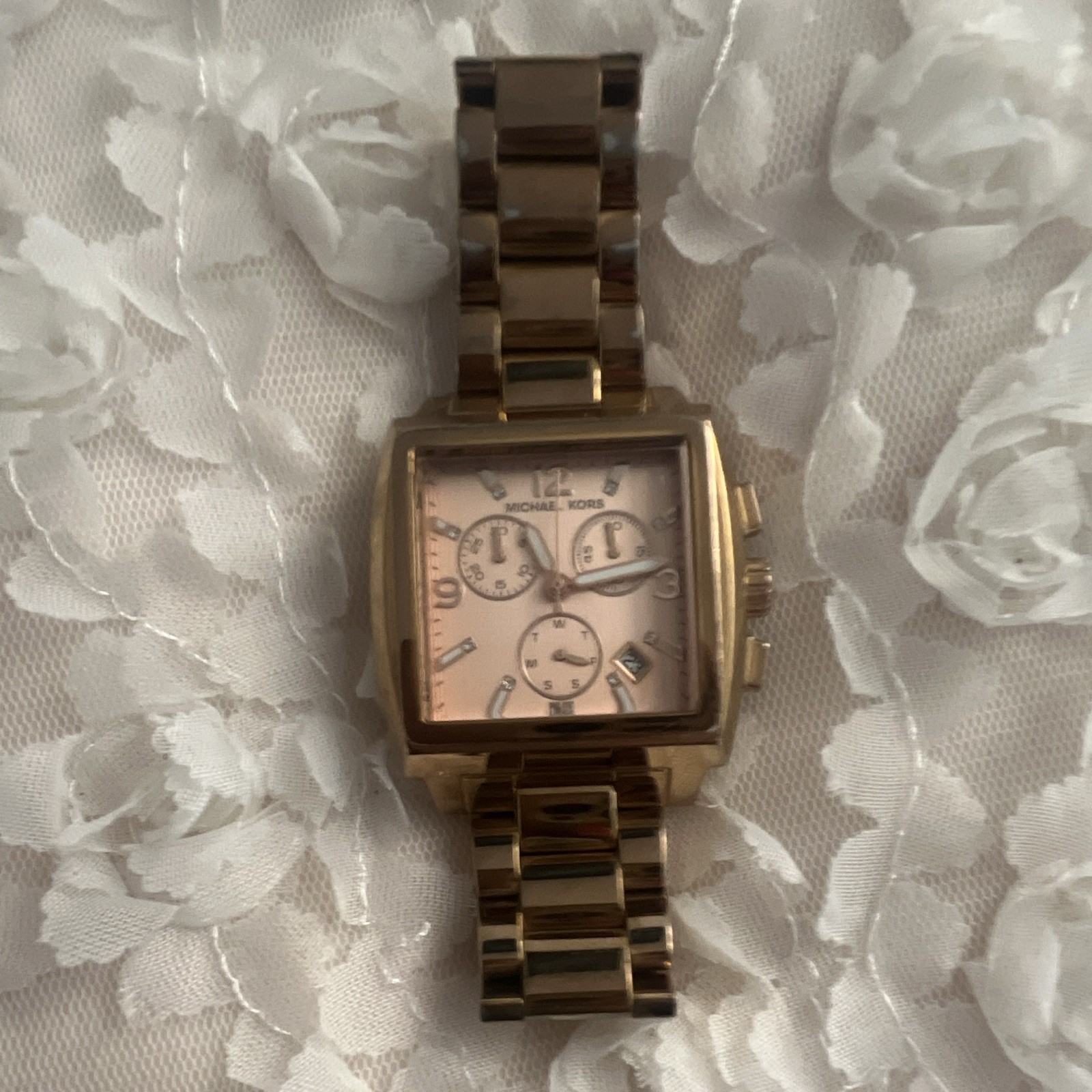 Michael Kors Chronograph Quartz Square Analog Watch Pink Dial Gold Bracelet