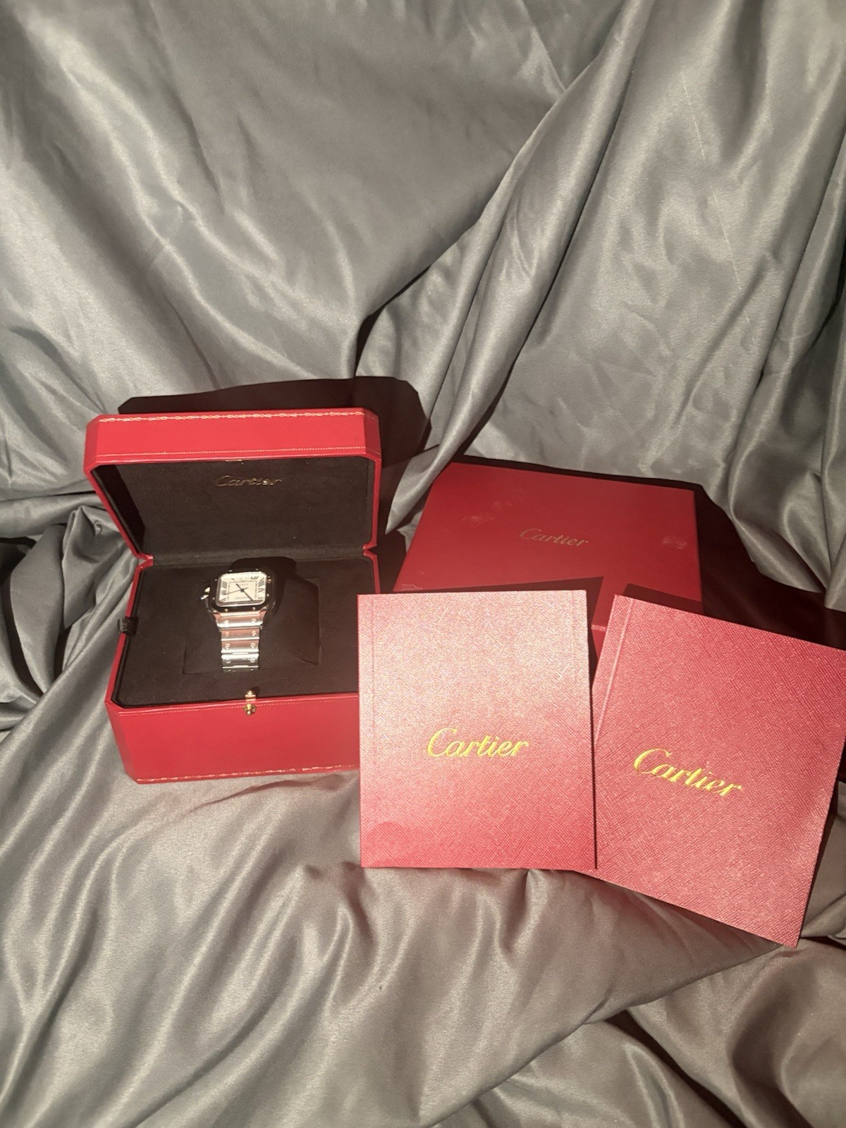 Cartier Santos Quartz Square Silver Stainless Steel White Dial Box & Booklets