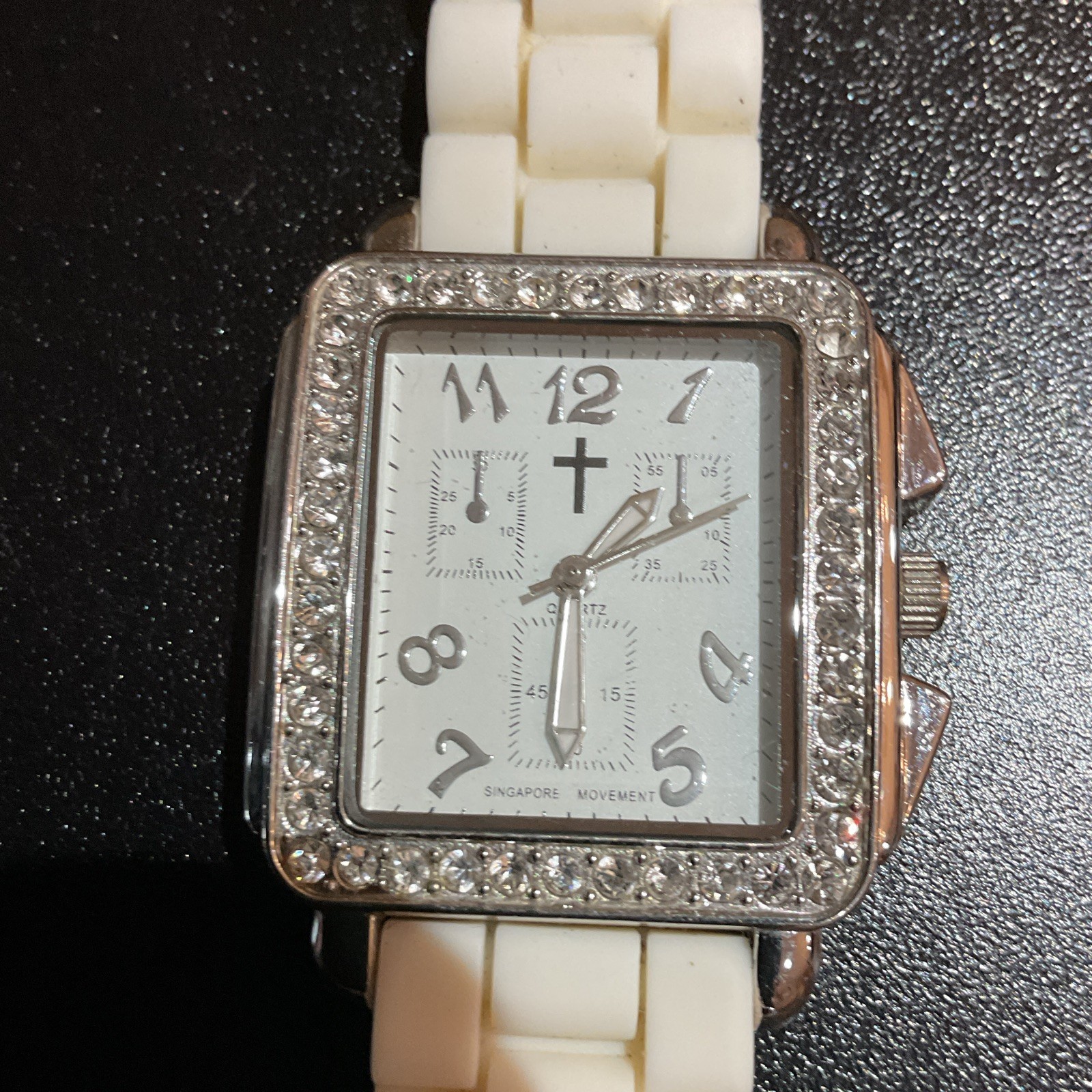Women’s Quartz Analog Square Watch Cross Dial White Strap Arabic. New Battery!