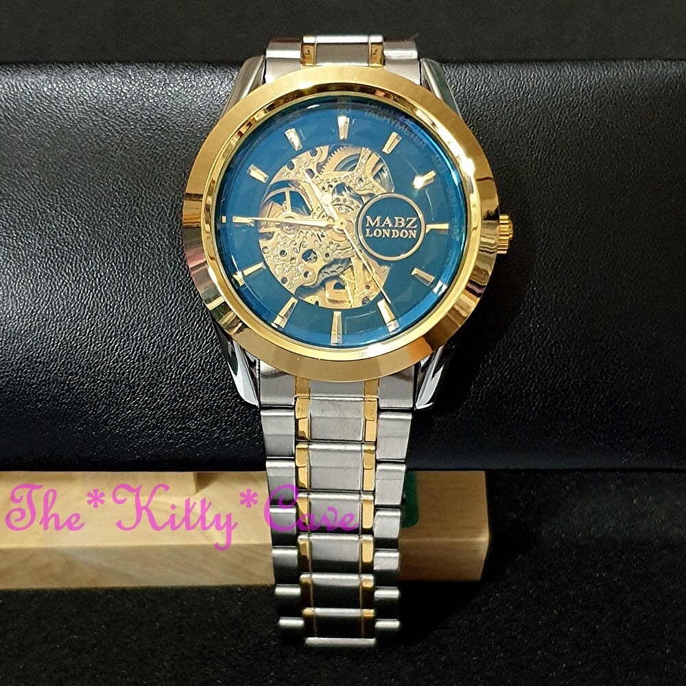 Automatic Mechanical Sapphire Blue Beveled Mineral Steampunk Skeleton Watch