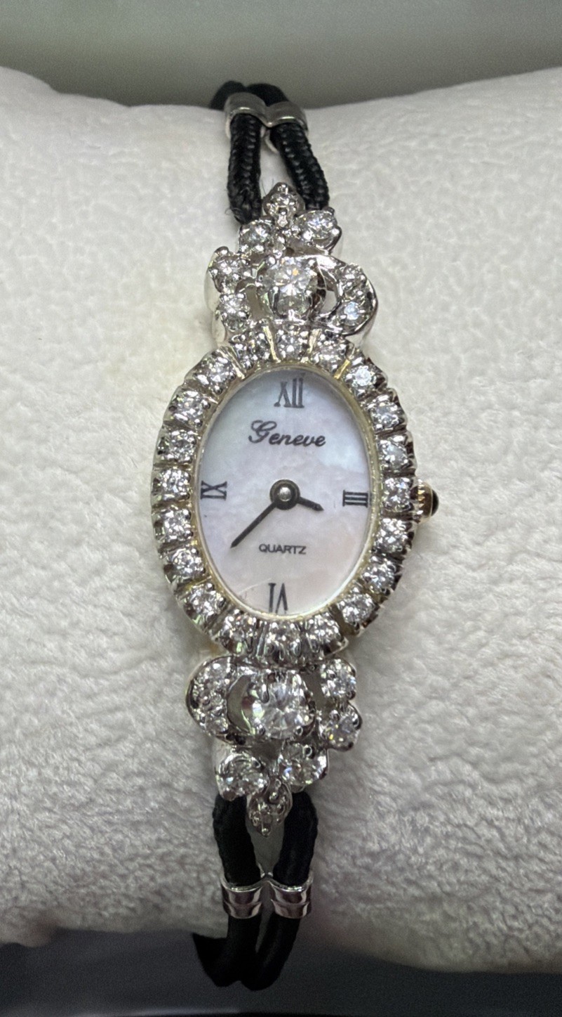 14K White Gold Geneve 1/2Ct Diamond Ladies Antique Vintage Estate Bracelet Watch