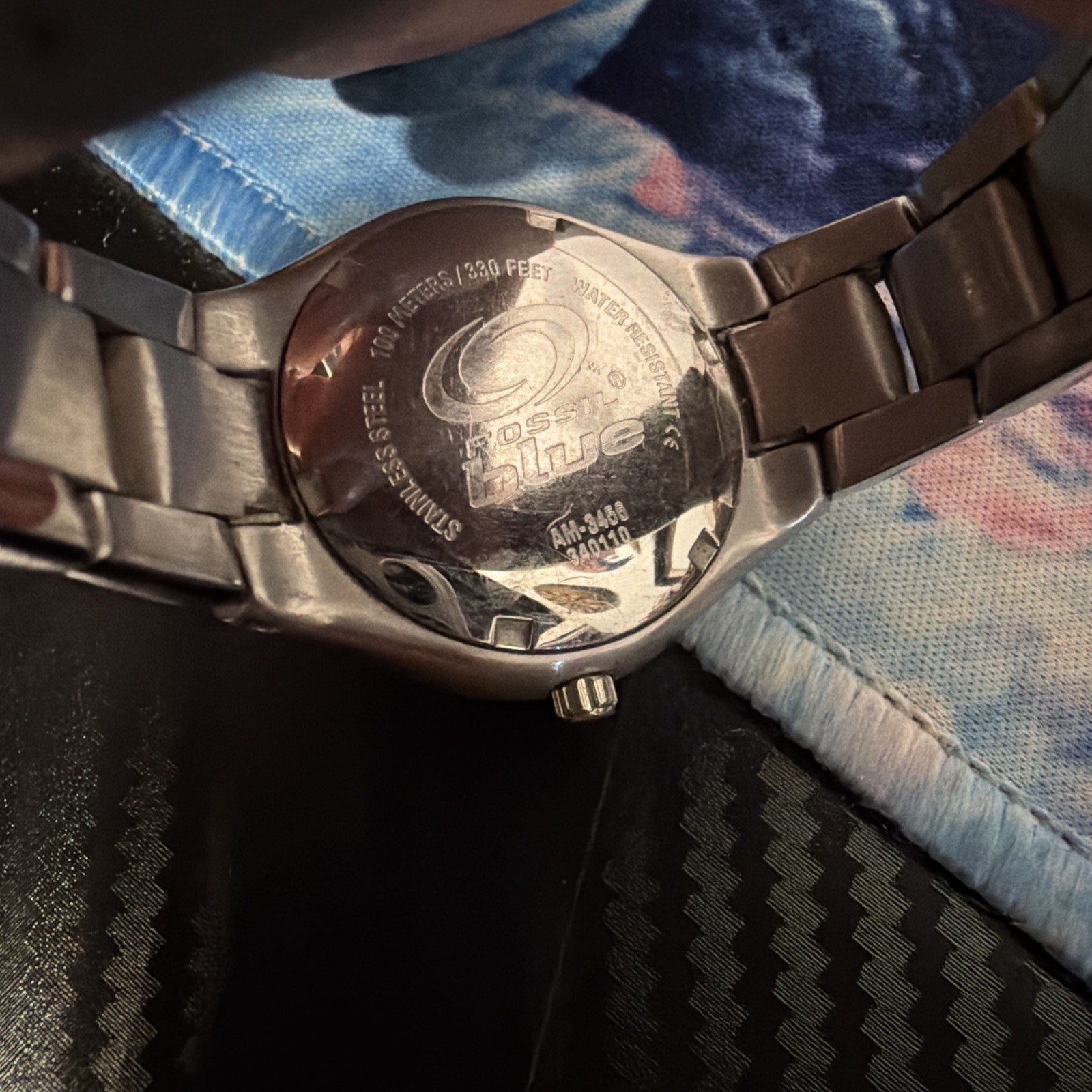 Fossil Y2K Ladies Clasp Watch purple dial BLUE steel band *Needs Battery*