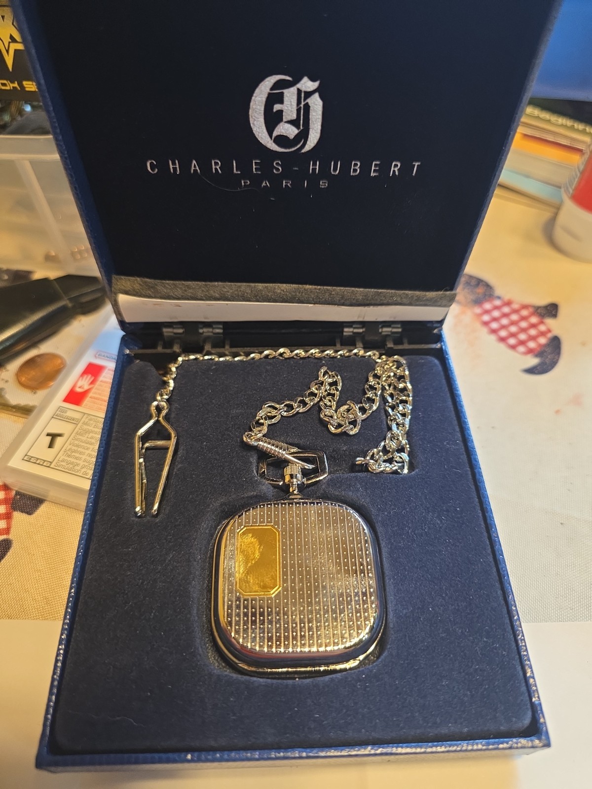 Charles Hubert Paris Quartz Stainless Steel Pocket Watch Silver Dial New Battery