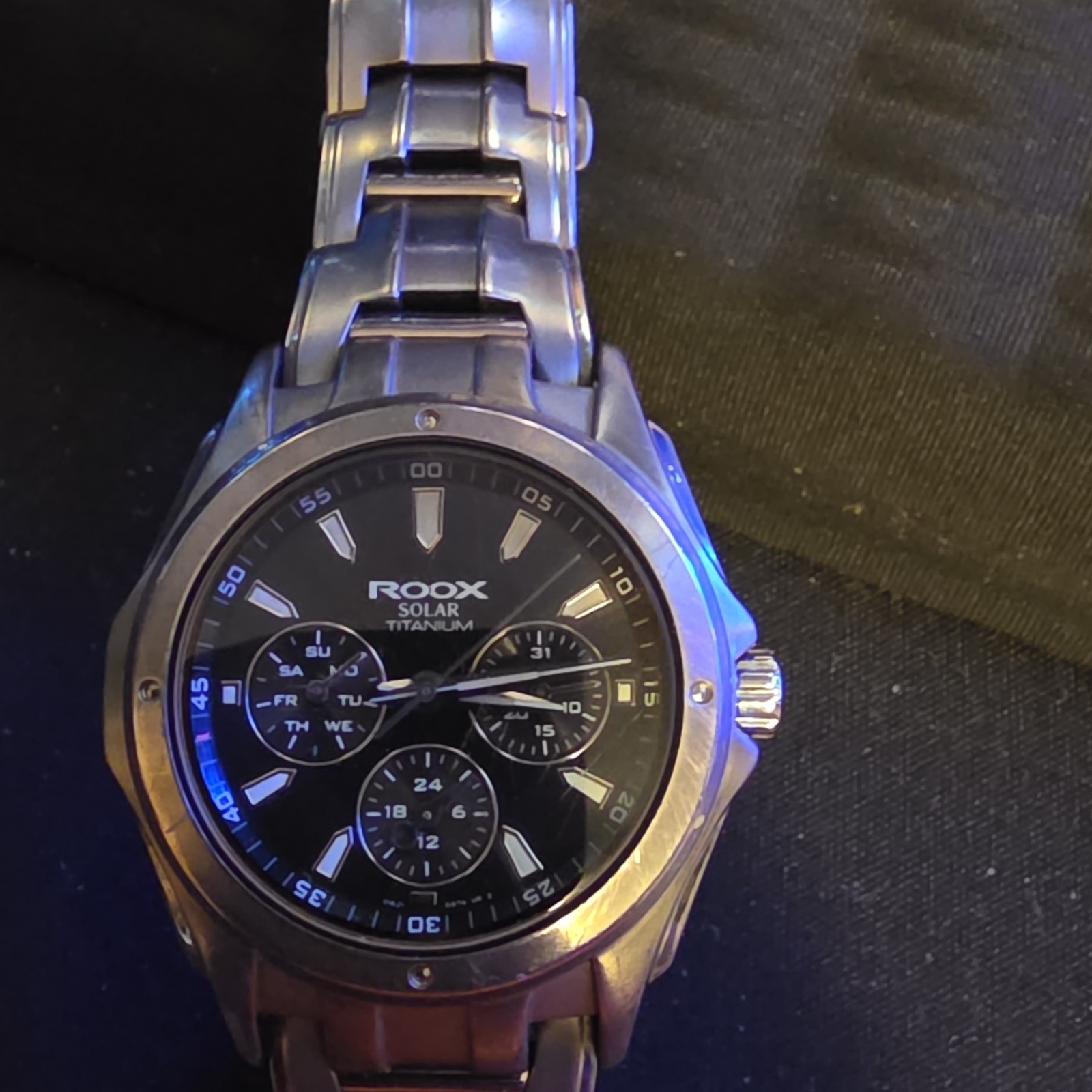 RooX Solar Quartz Titanium Watch Black Dial Stick Indices Silver Bracelet