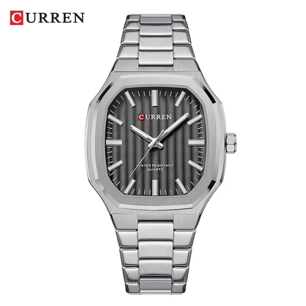 CURREN Men Square Watch Luminous Hands Wristwatch Silver Steel Male Quartz Watch
