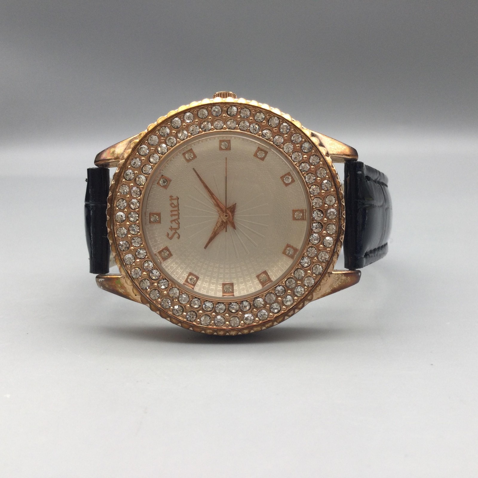 Stauer Watch Womens 38mm Crystal Bezel Rose Gold Tone Leather Band New Battery
