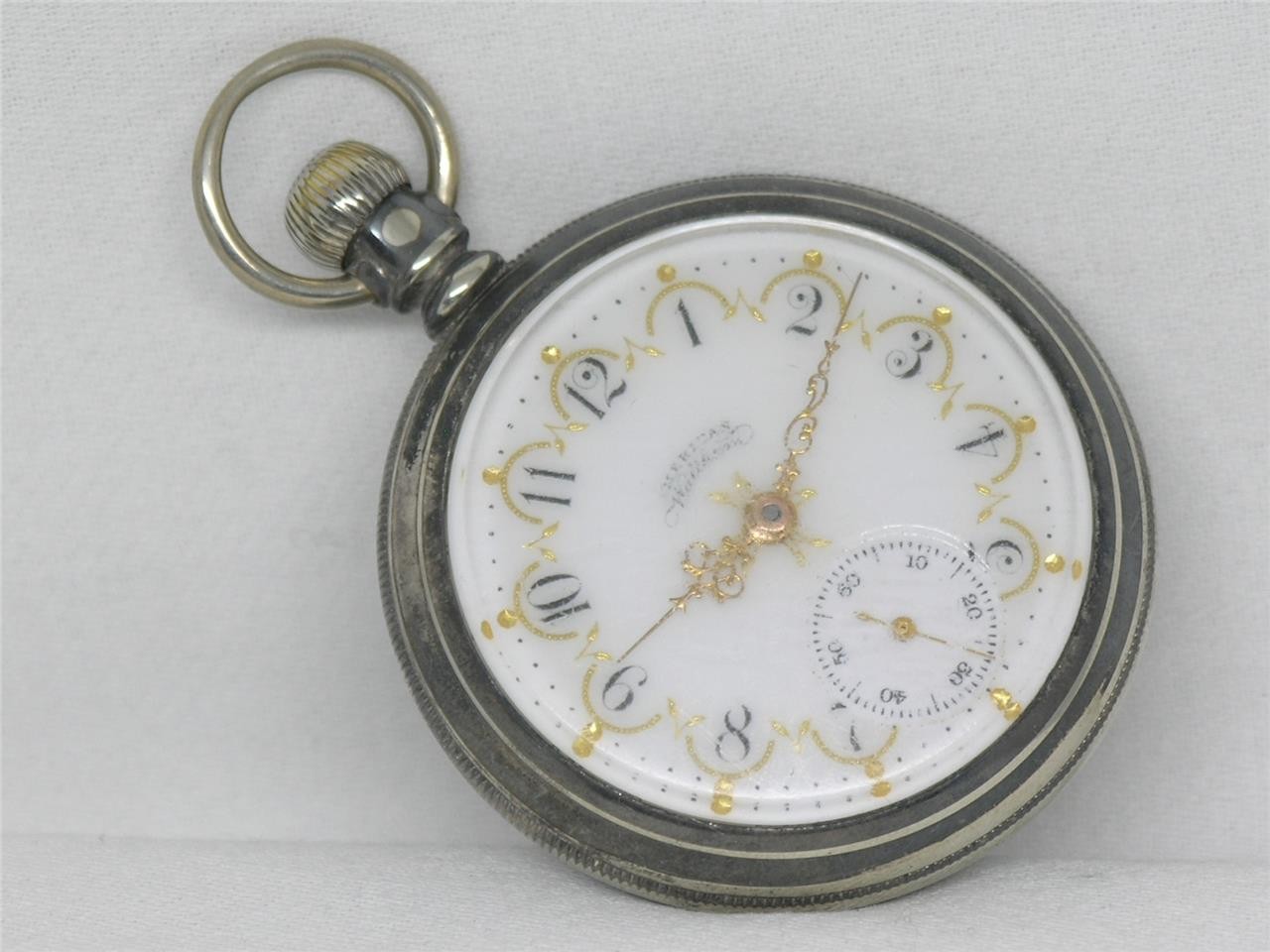 ANTIQUE 16S WALTHAM 1888 GOLD FOIL FANCY DIAL SILVER CASED POCKETWATCH, SERVICED
