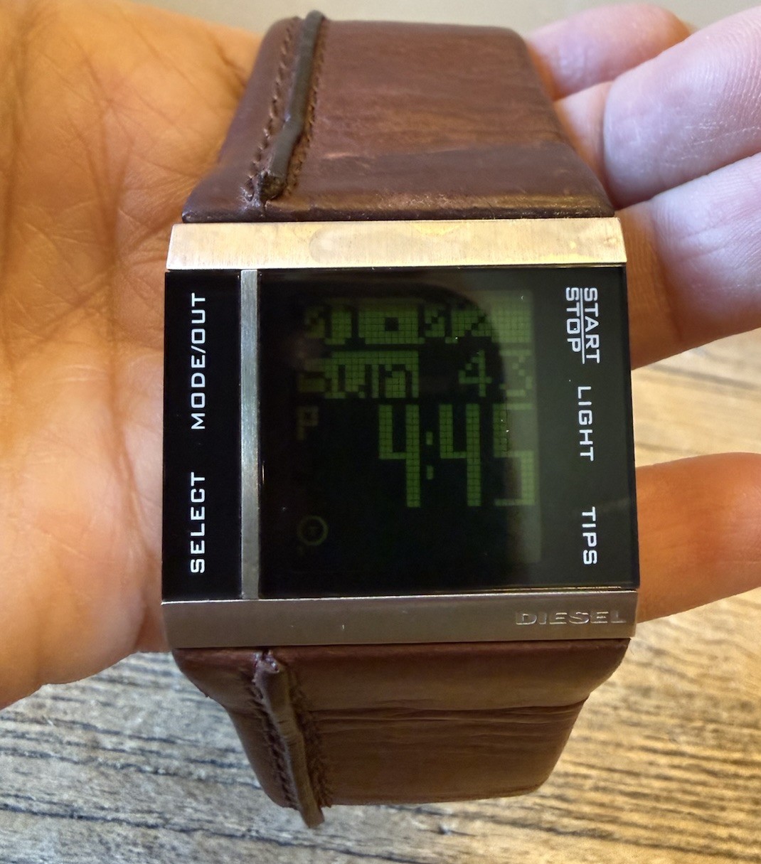 Diesel DZ7144 Brushed Stainless Steel Case Digital Watch w/ Wide Leather Band