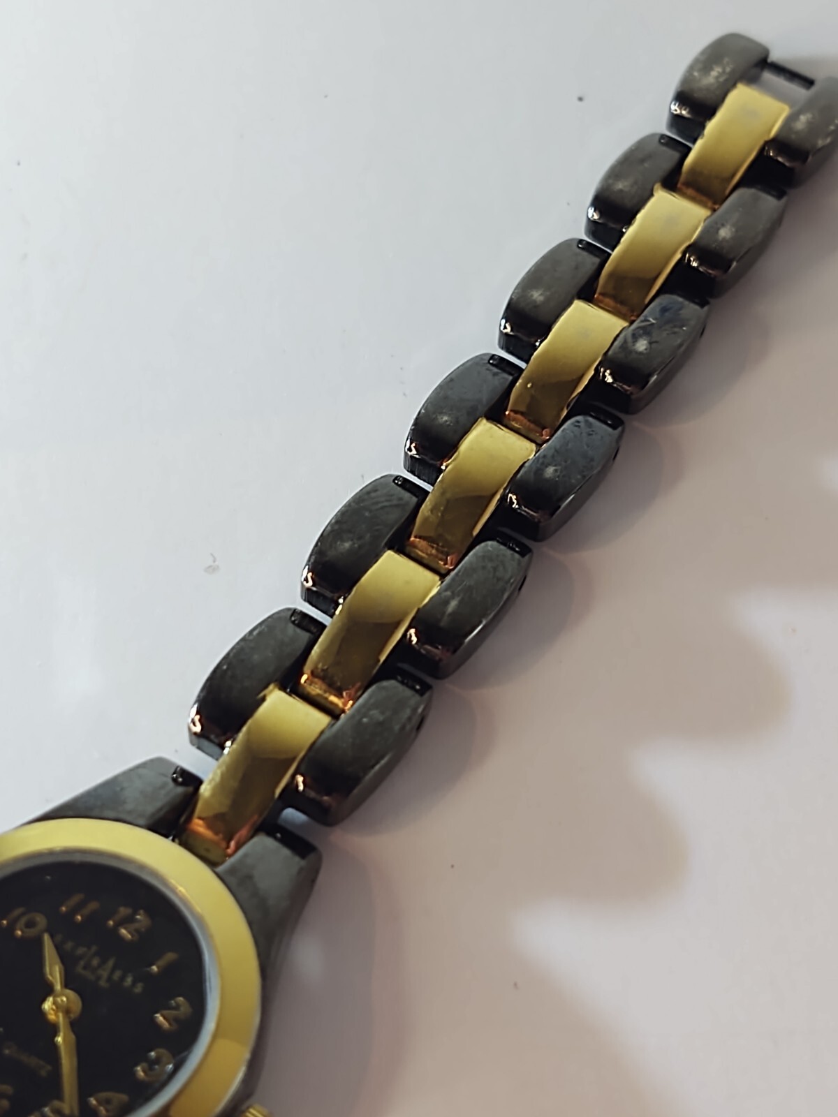 Womens LA Express Watch Black Dial Black & Gold Bezel & Band Show Wear