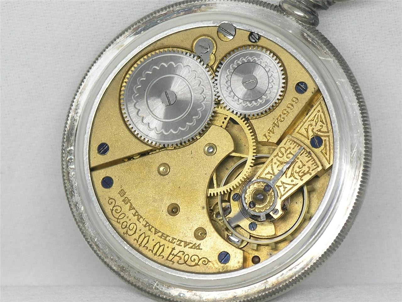 ANTIQUE 16S WALTHAM 1888 GOLD FOIL FANCY DIAL SILVER CASED POCKETWATCH, SERVICED