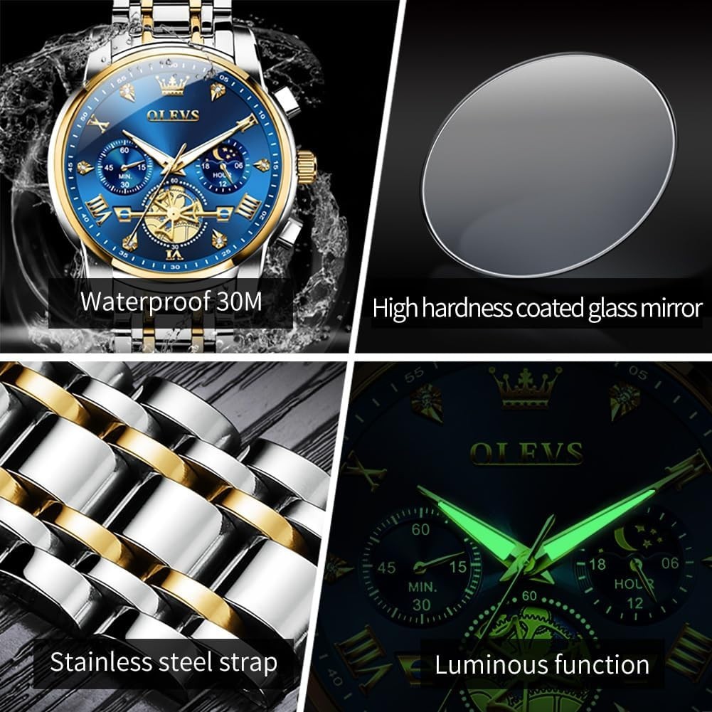 Elegant Blue Dial Chronograph Watch for Men – Waterproof Stainless Steel Design