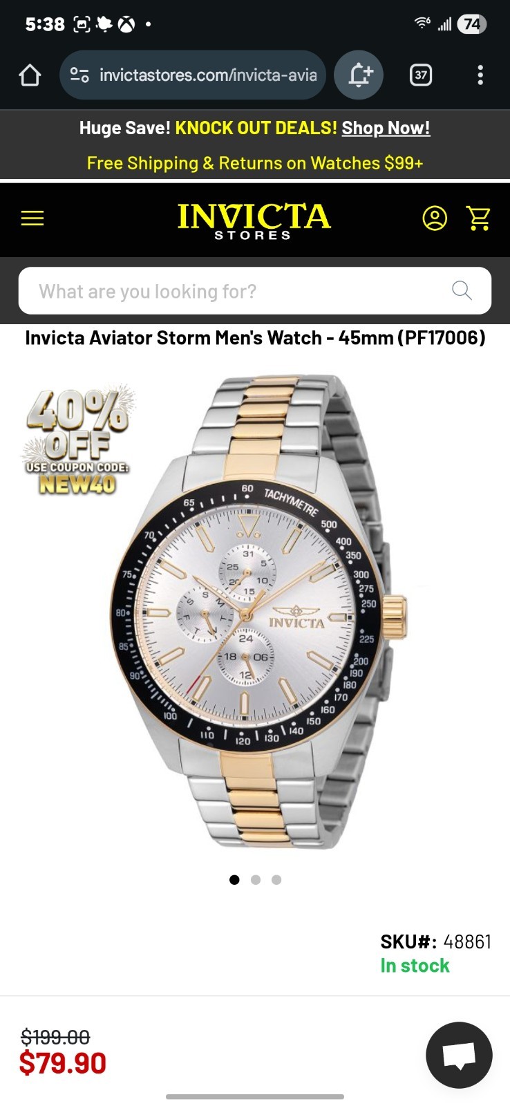 Invicta Aviator Quartz Silver Dial Men’s Watch 48861