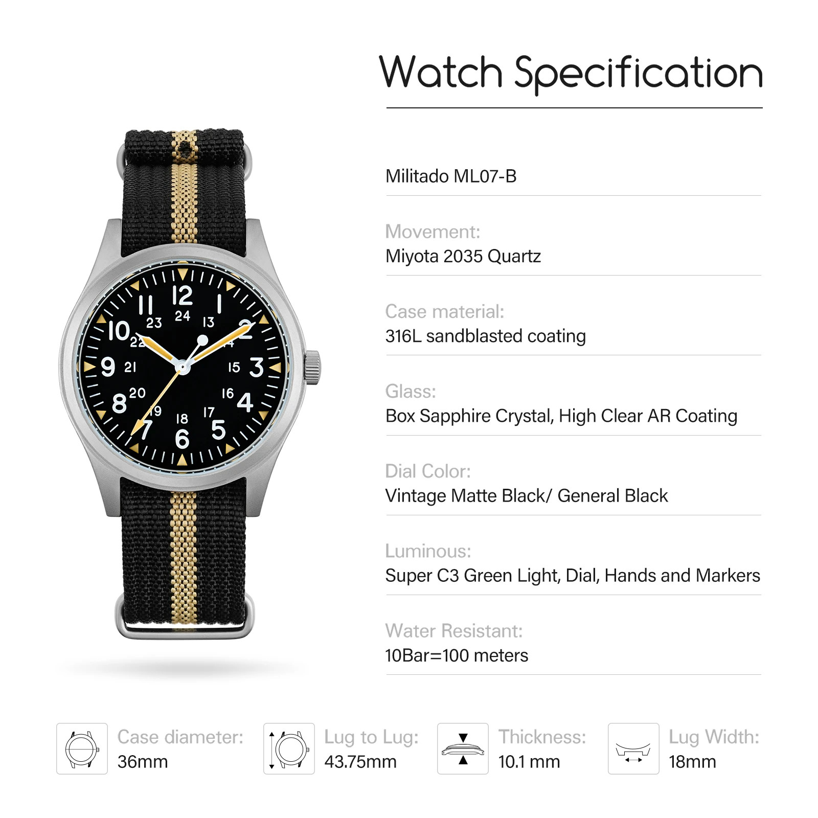 Militado ML07 Vintage Watch Miyota Super 2035 Movement Domed Sapphire Luminous