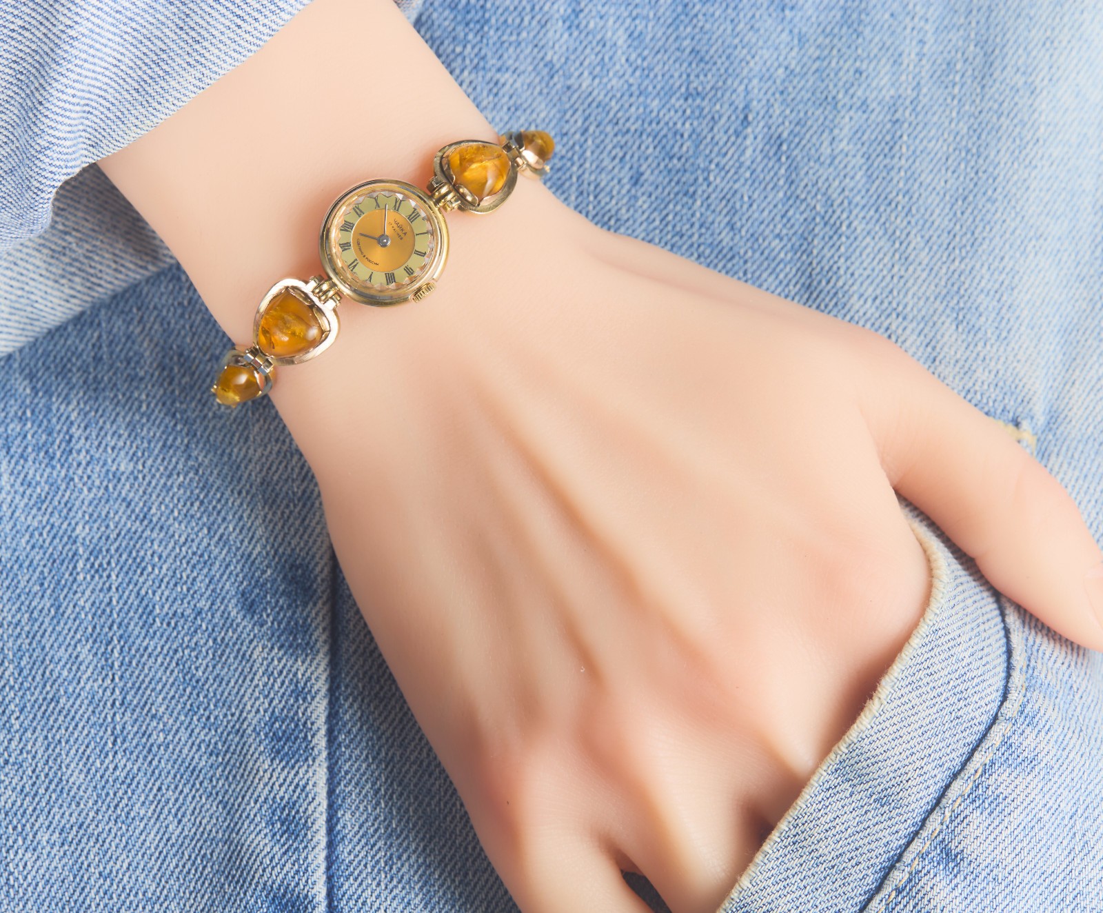 Vintage Chaika Watch Natural Amber Bracelet Russian Mechanical Watch 1990s.