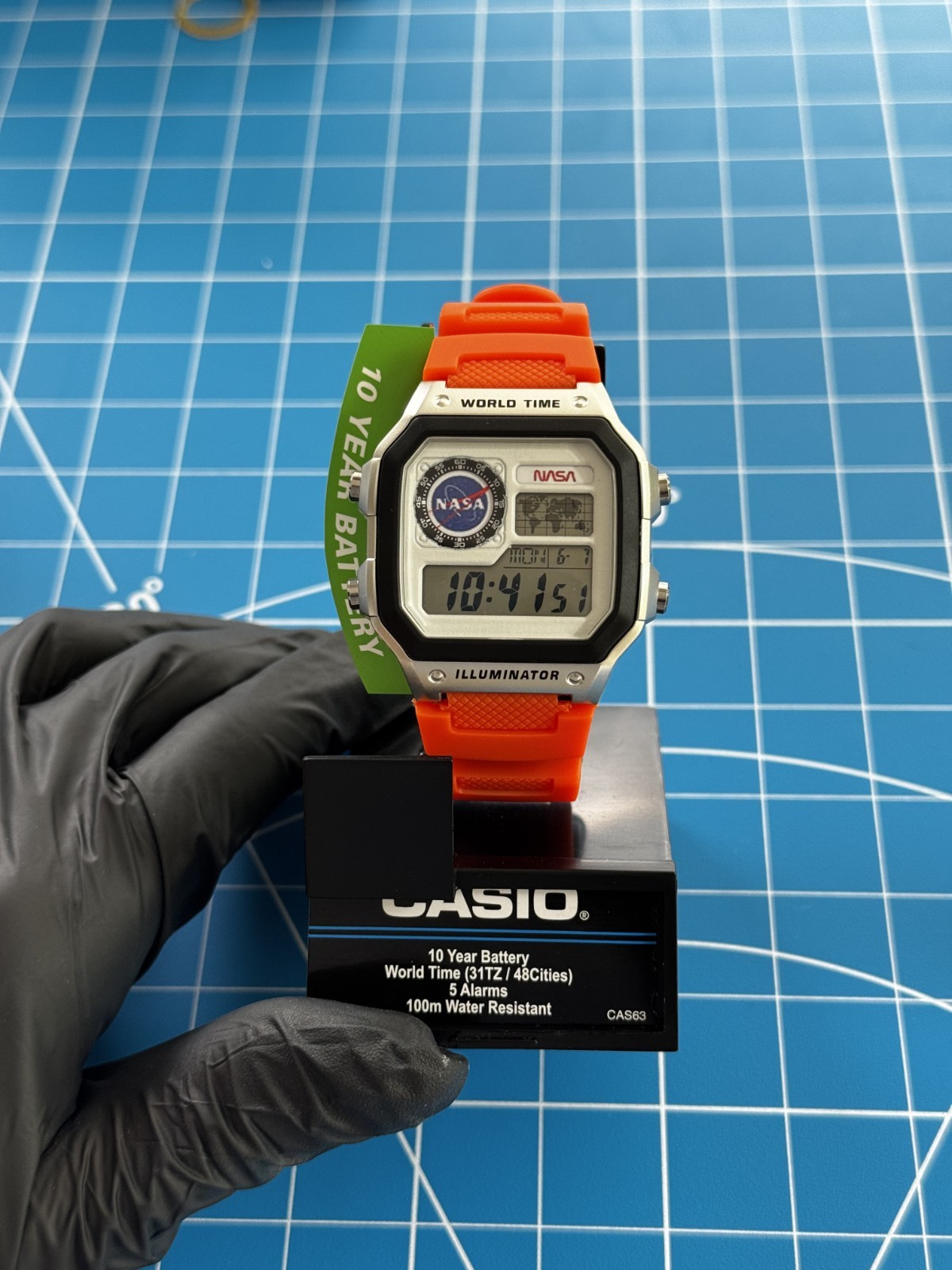 Casio AE1200WHD Royale World Time Watch – Custom NASA Mod – Orange Band – Silver