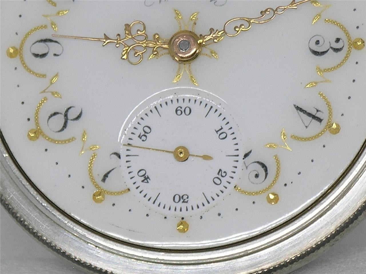 ANTIQUE 16S WALTHAM 1888 GOLD FOIL FANCY DIAL SILVER CASED POCKETWATCH, SERVICED