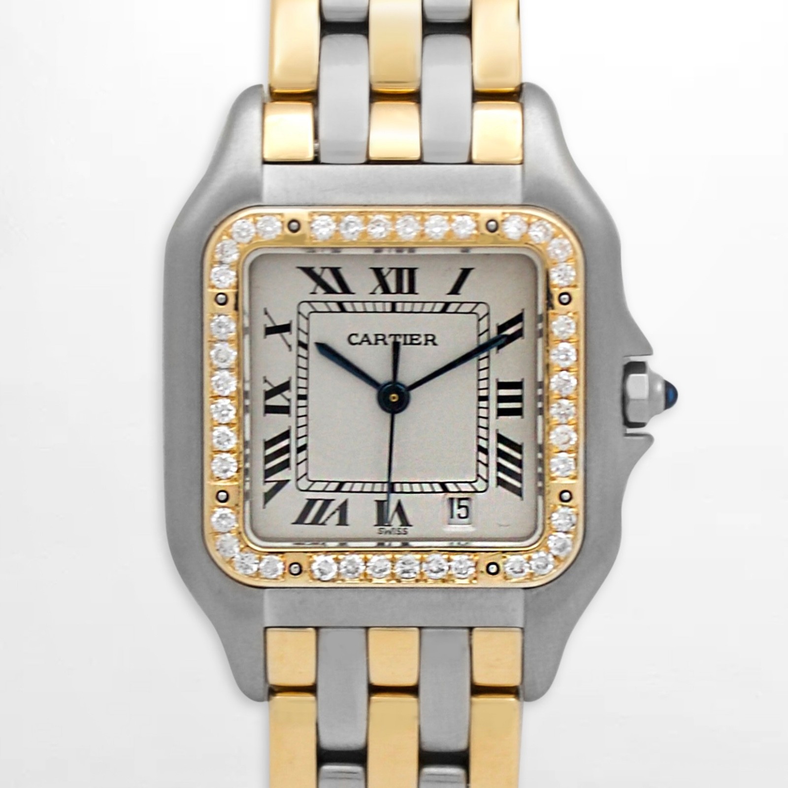 Cartier Panthère 183949 Quartz 27mm Silver Dial Custom Diam 18K YG Bezel TT Band