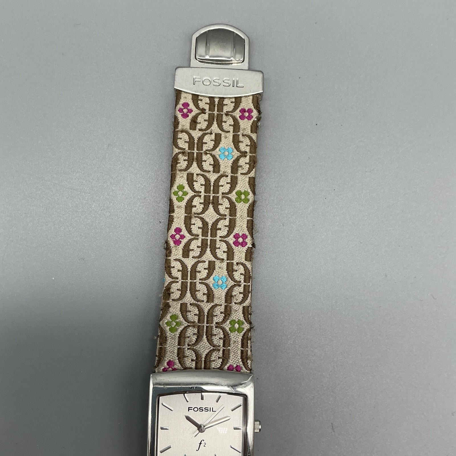 Fossil F2 Womens Watch 26mm Stainless Brown Logo Fabric Leather New Battery