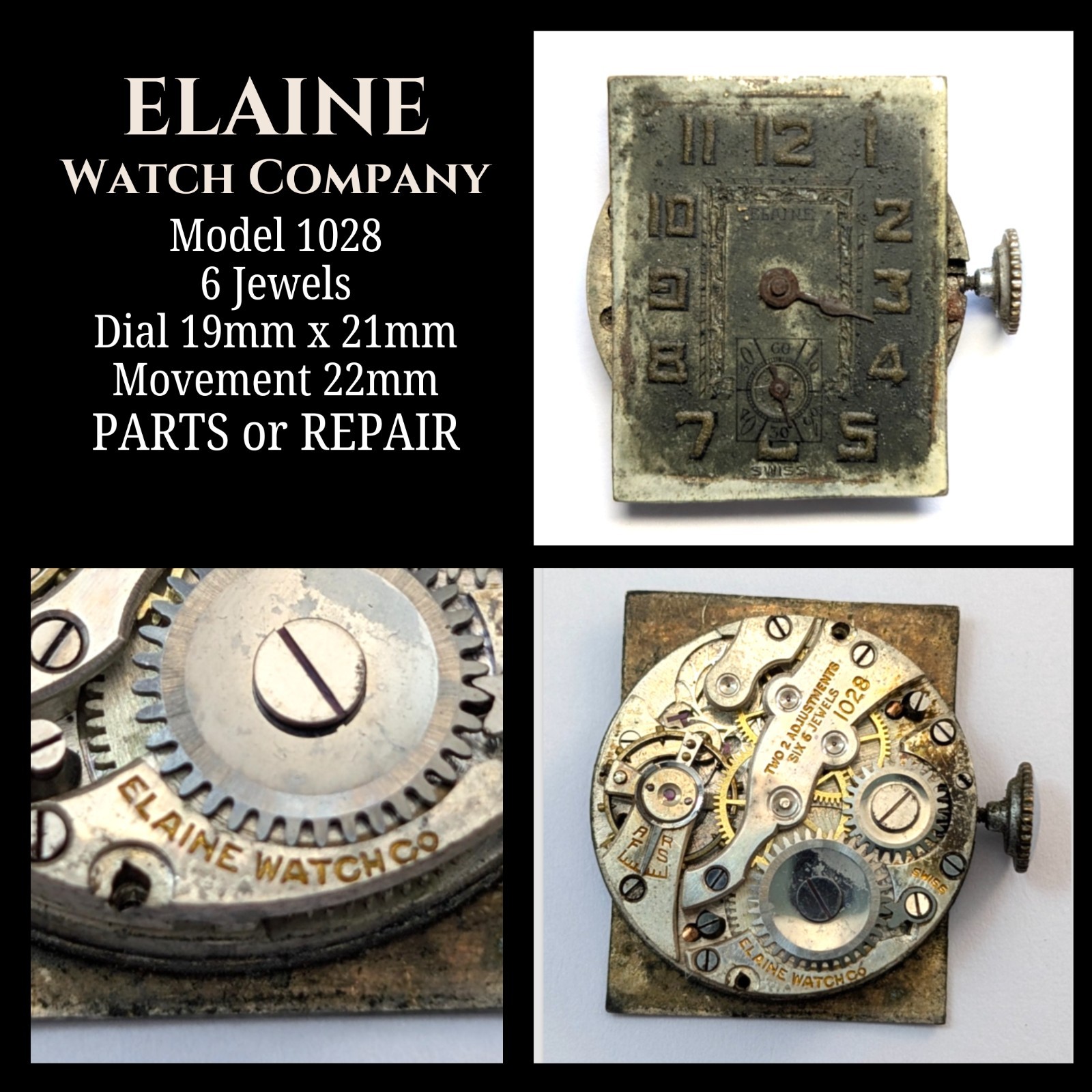 Vintage ELAINE Watch Co 1028 Art Deco 6 Jewels 22mm Swiss Movement PARTS REPAIR
