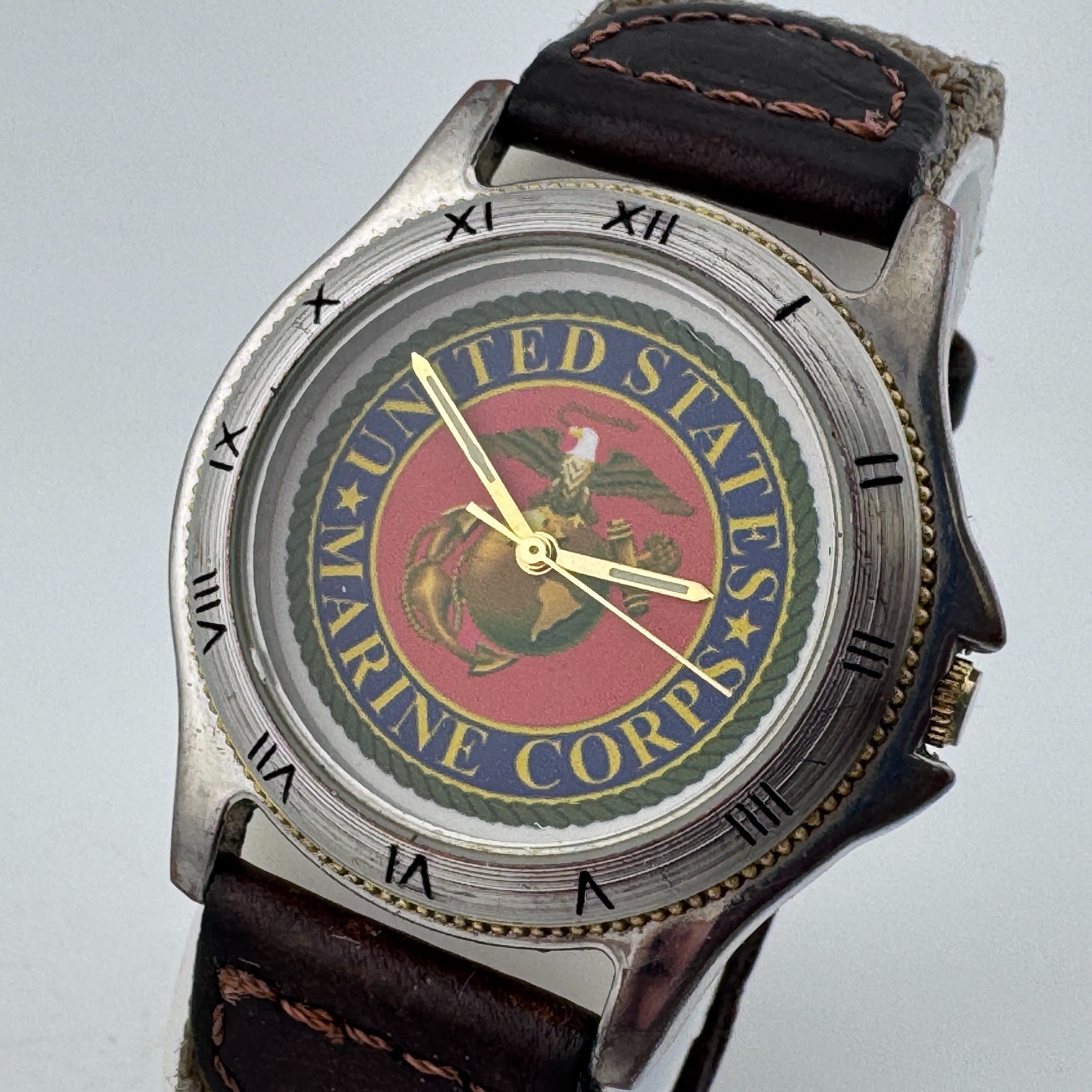 US Marine Corp Quartz Watch Men Silver Green Canvas Leather Analog New Battery