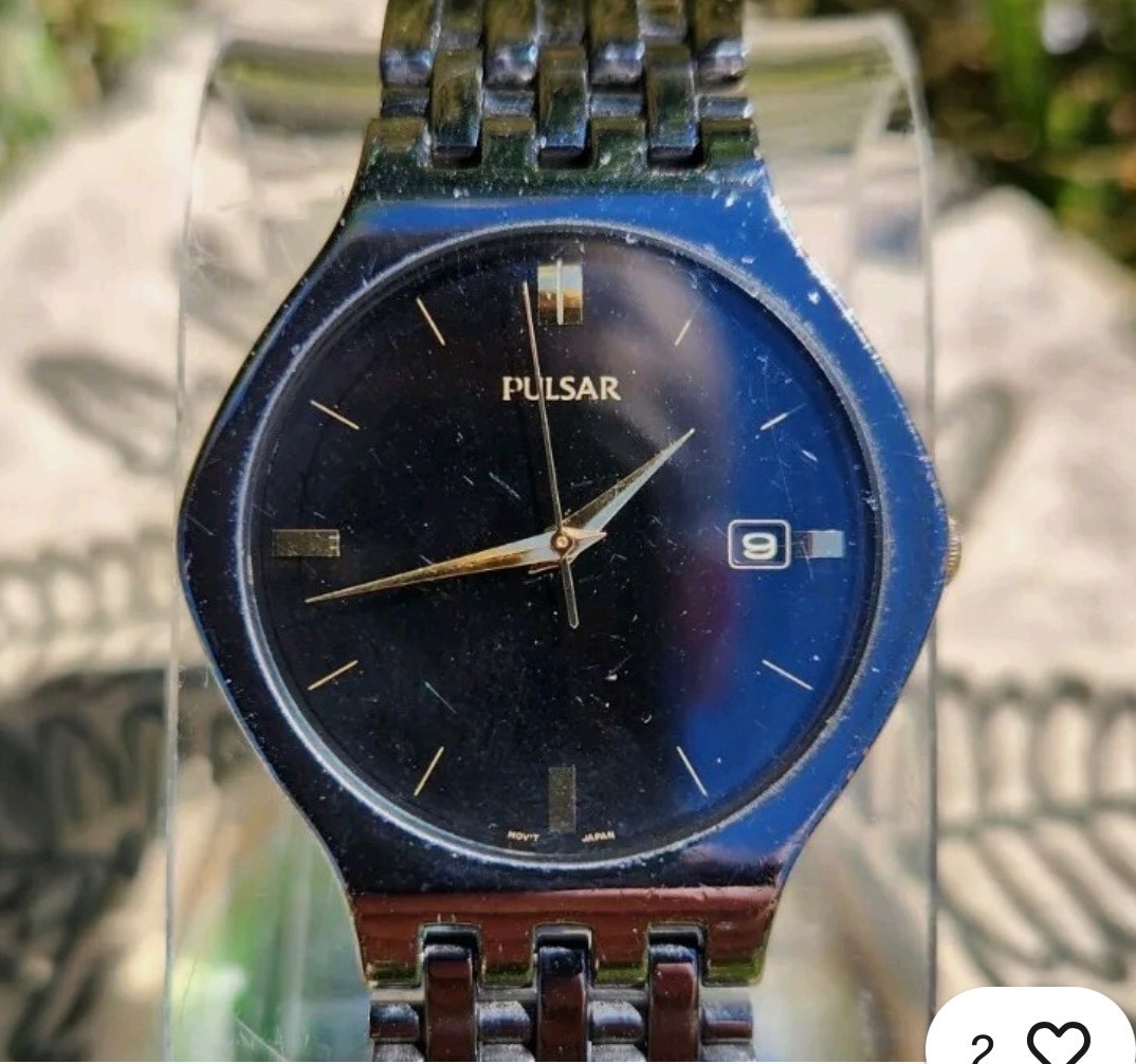 Vtg Pulsar V732-X091 Gunmetal Black/Gold Men’s 35mm Date Watch NEW BATTERY!