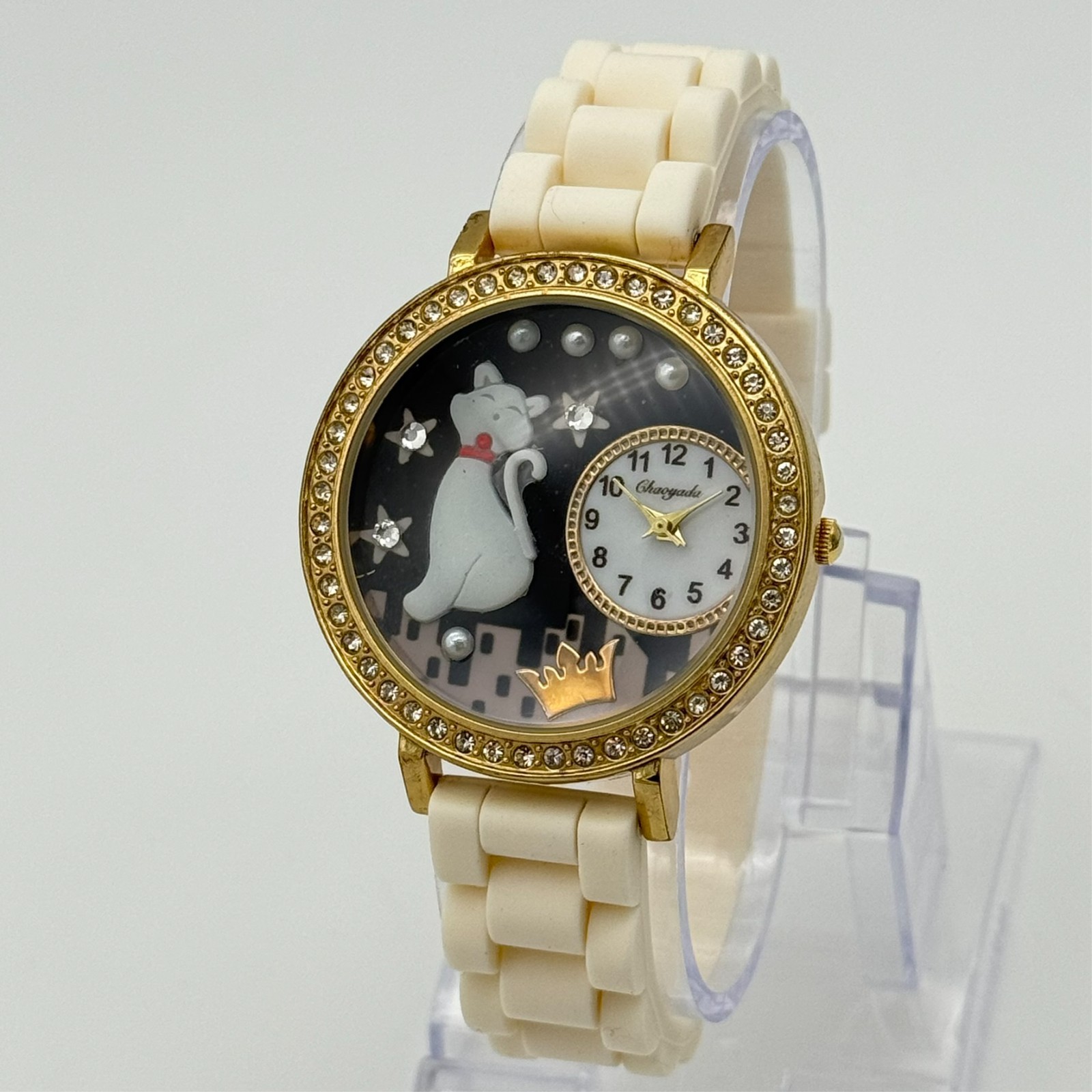 Women’s CHAOYADA Gold Tone Cat Themed Crystal Accent Watch, White Silicone Band