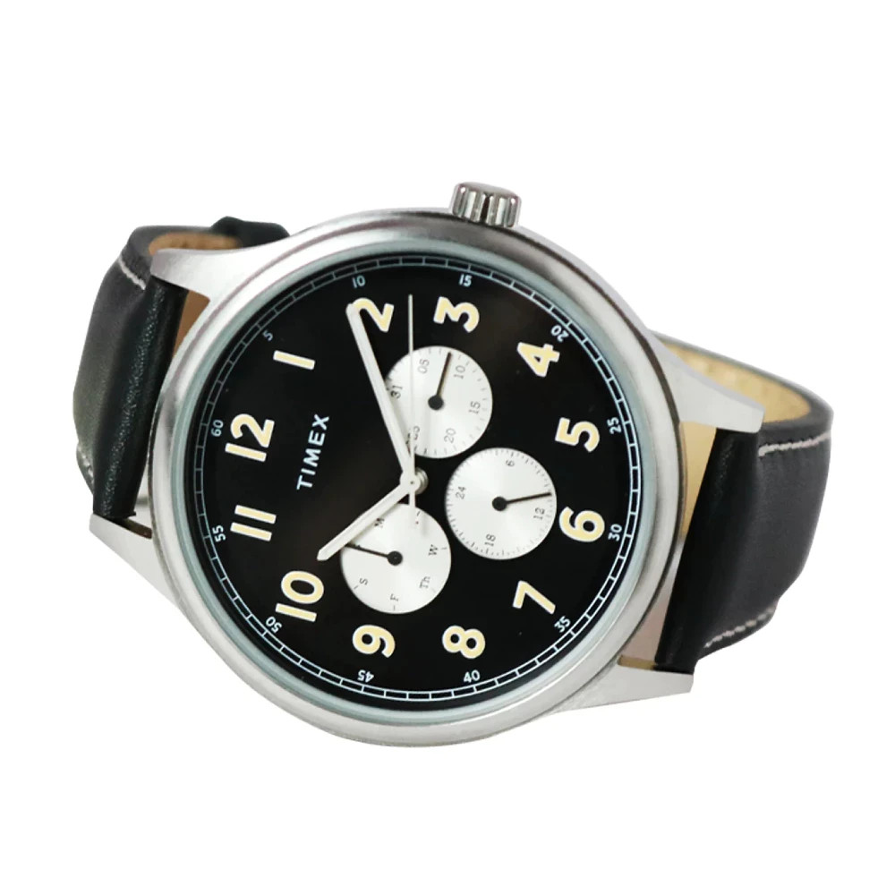 Timex Discoverer Men’s Black Leather Analog Quartz Watch 43mm – Stainless Steel,