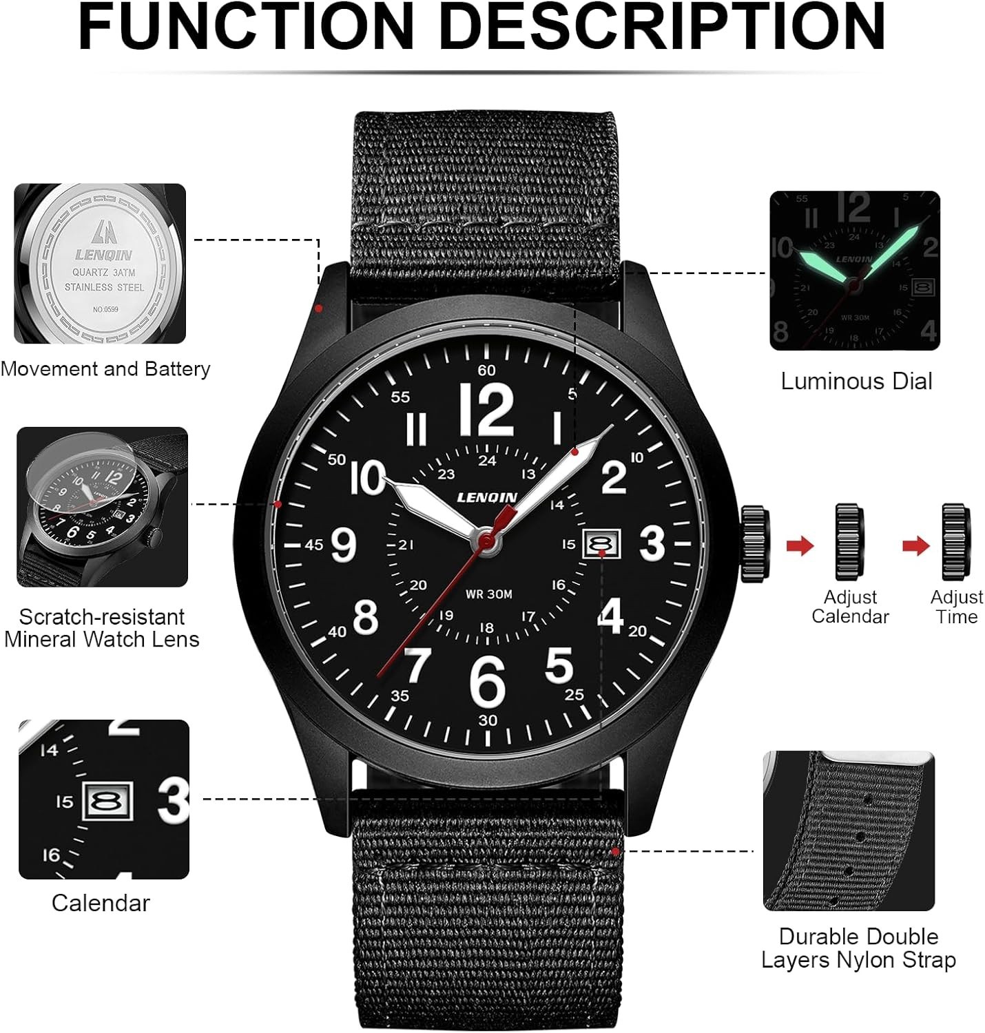 LN LENQIN Men’s Military Sport Watch Analog Quartz Waterproof Luminous Nylon Str