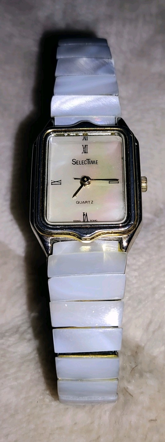 Vintage Selectime Womens watch Expansion Malachite inlay band Pearl Silver Gold