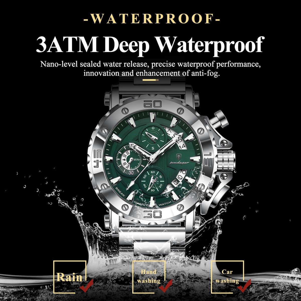 POEDAGAR Men Calendar Luminous Waterproof Stainless Steel Fashion Quartz Watch