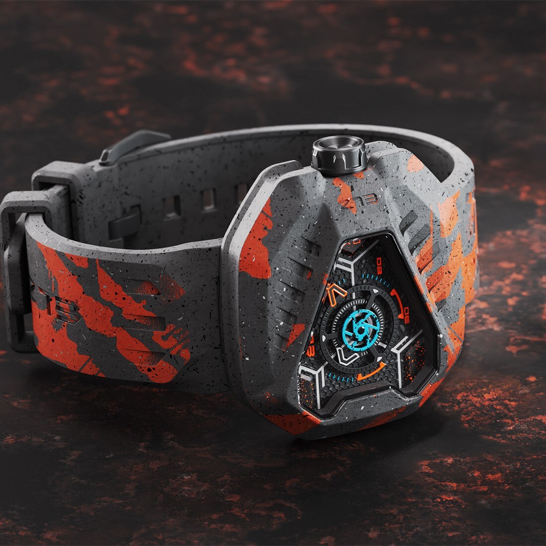The ElectricianZ XO The Lunar Swiss Quartz Rubber Neon Orange PVD Men’s Watch