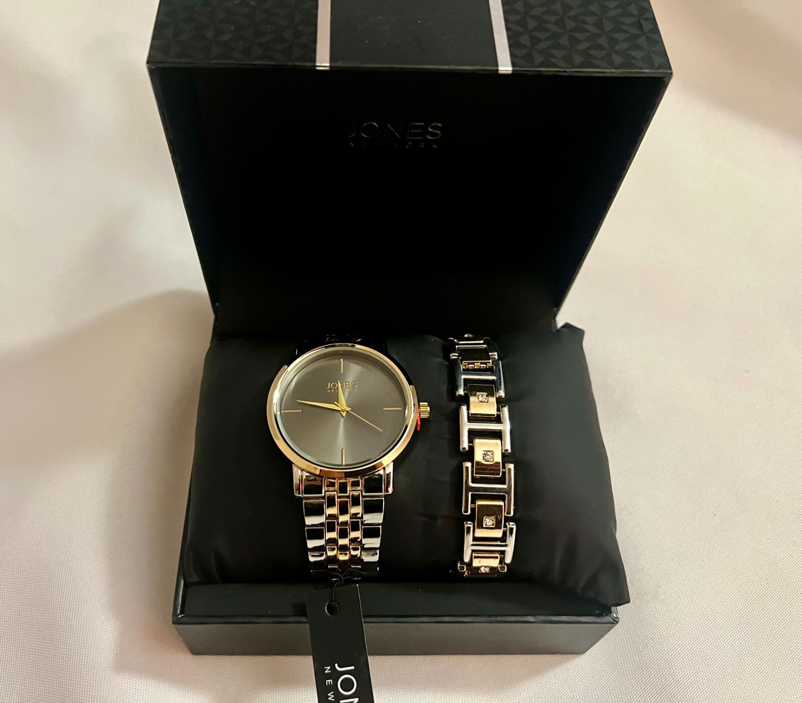 Jones NY Men’s Analog Two Tone Metal Alloy Bracelet Watch, 42mm and Bracelet Set