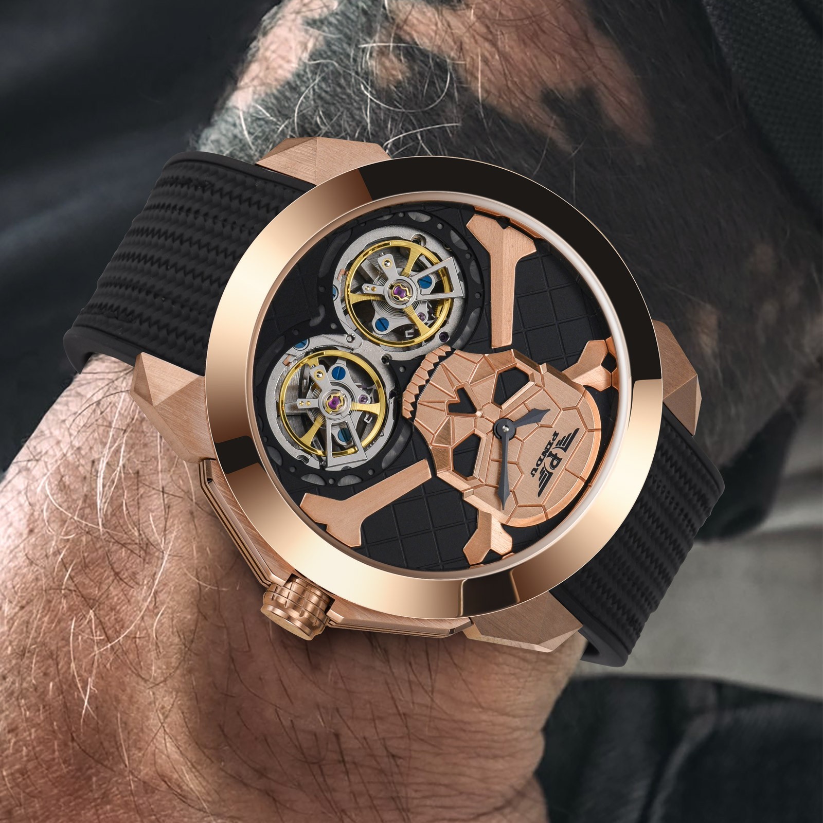 PINDU Men’s Double Tourbillon Mechanical Watch Skull Design Diamond Bezel 5ATM