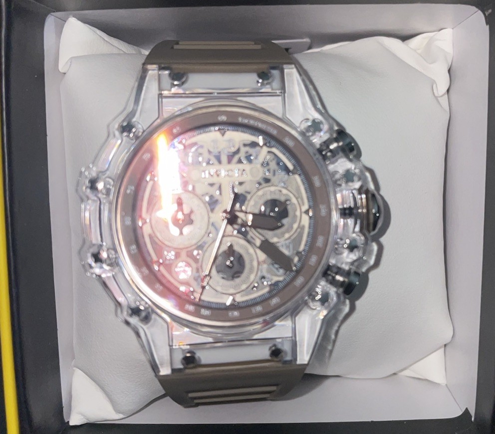 Invicta Men’s Activia Fury Chronograph Skeleton Silver Dial Beige Strap Box