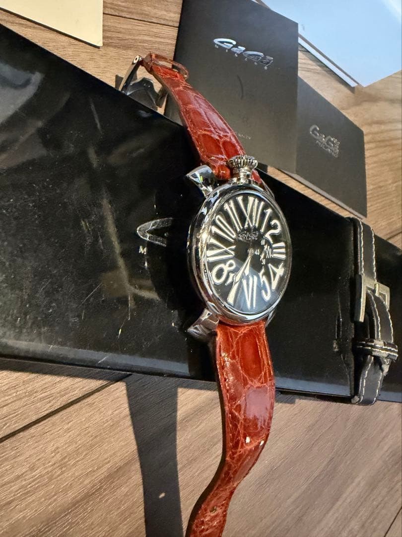 GaGa Milano 46mm Black Dial Leather Band Watch with Box