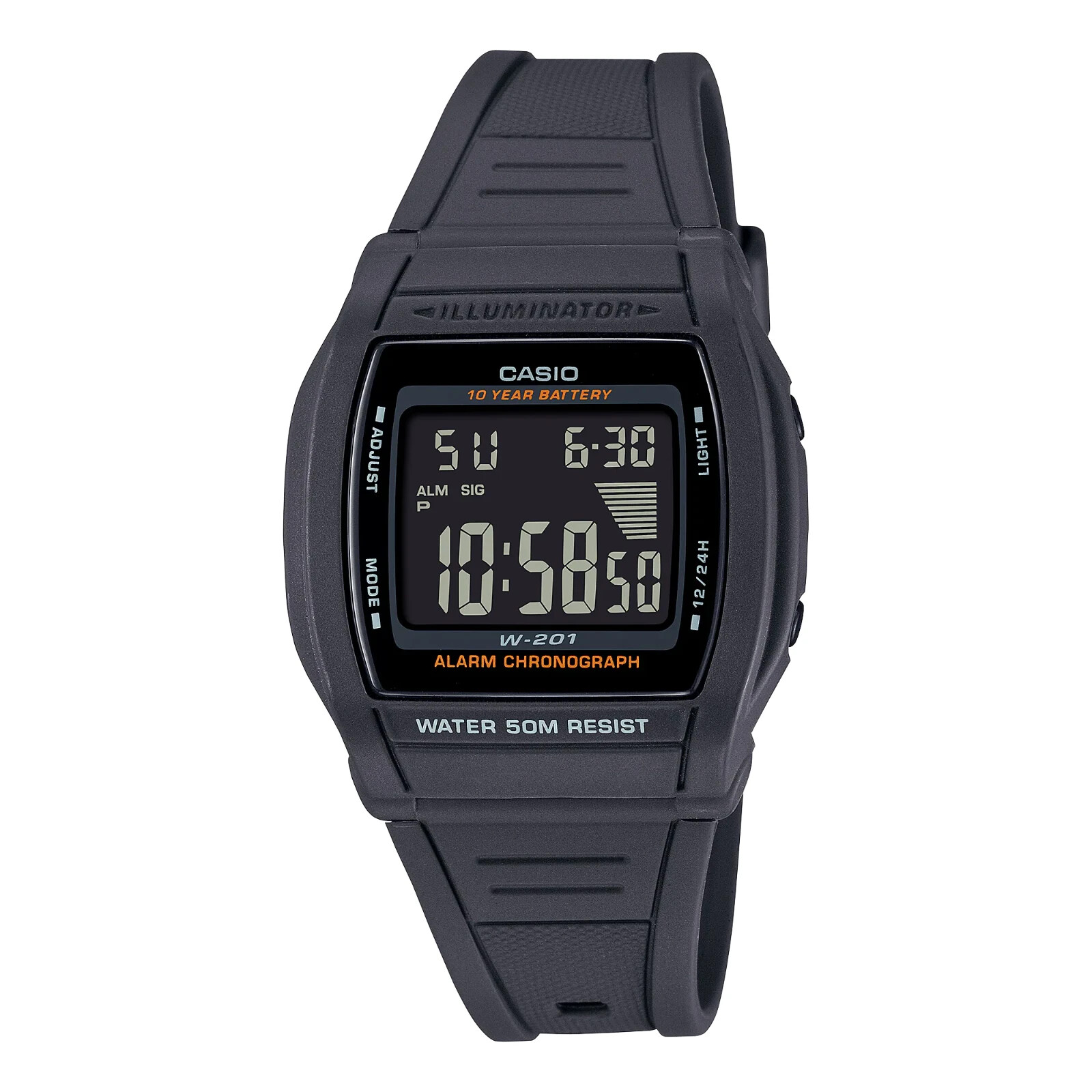 Casio W201-1BV, 10 Year Battery,Chronograph Watch, Black Resin,Alarm,Illuminator