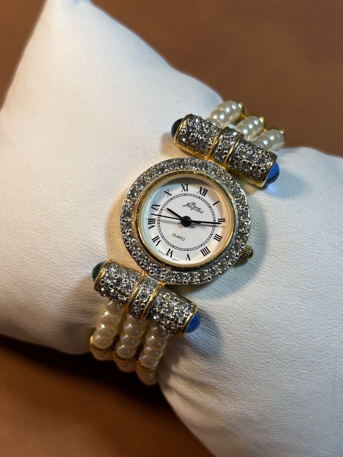 Pierre Jacquard Women Faux Gemmed Beaded Ladies Gold Tone Quartz Watch