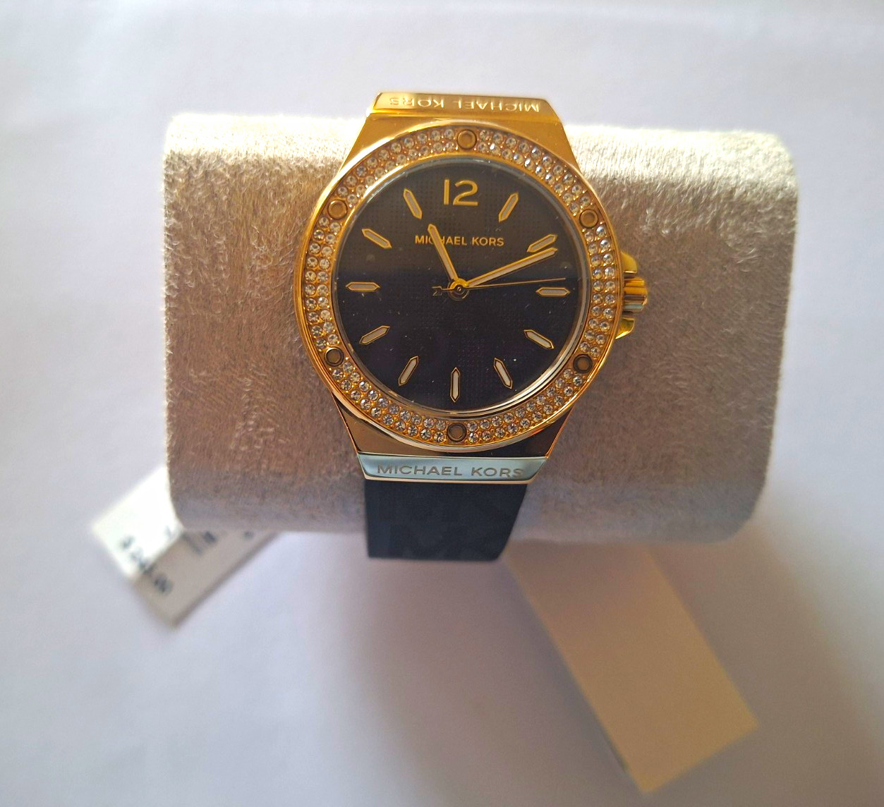 Michael Kors Women’s Gold-Tone Quartz Black Dial Rubber Strap Gem Bezel Box