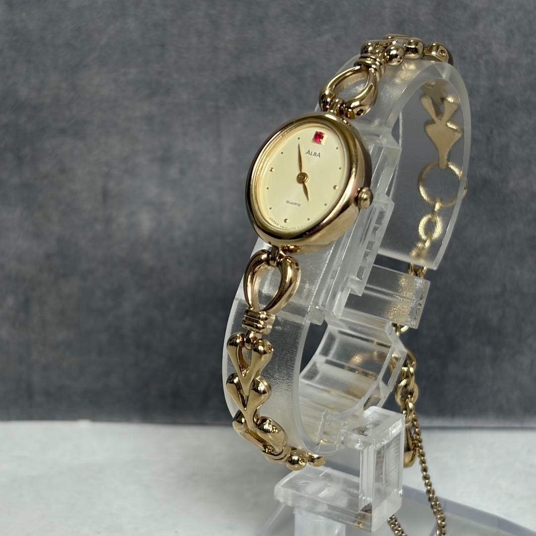 Vintage ALBA Ladies Quartz Watch Gold Tone Bracelet Red Stone Accent Working
