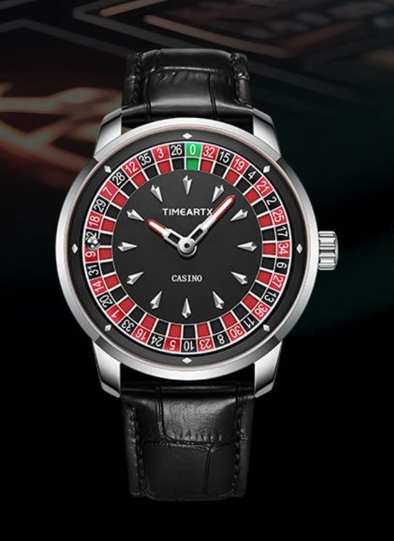 Casino Roulette Watch with Roulette Wheel That Spins Stainless Steel-Black Strap
