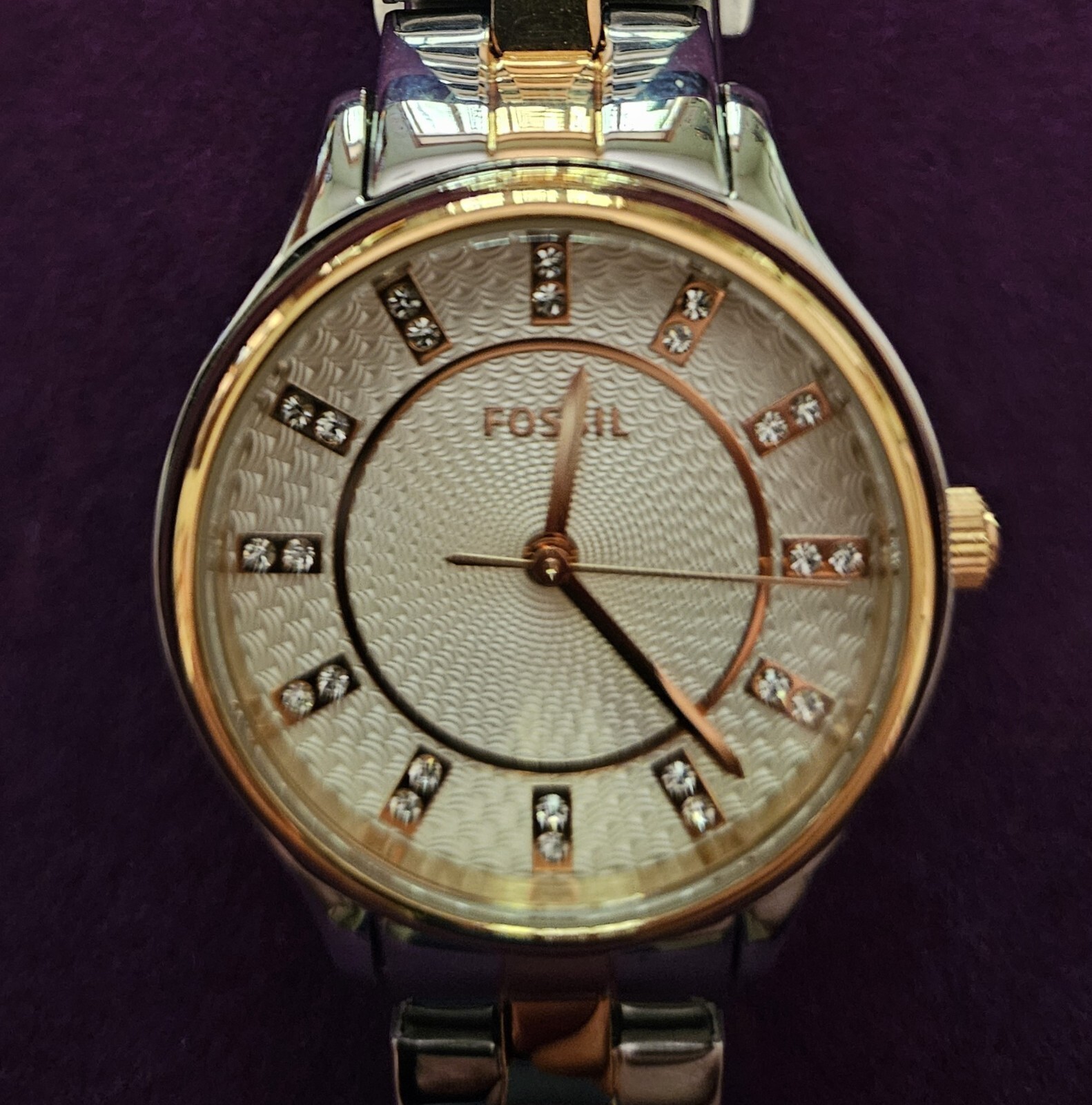 Fossil model BQ3915 2-tone stainless steel watch with gemstone hour marks